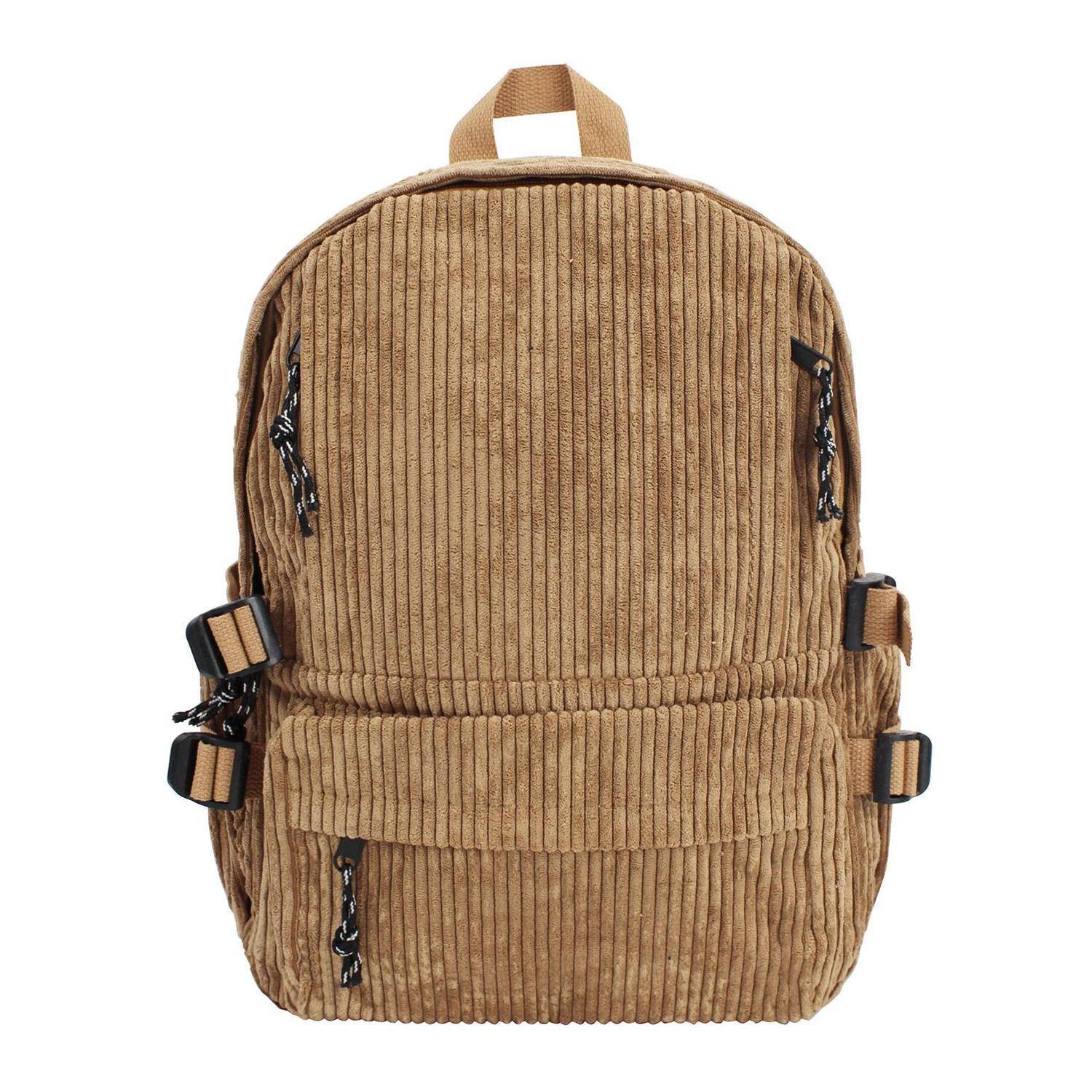 Brauner Kordsamtrucksack mit vorderen Reißverschlusstaschen, Tragegriff oben und verstellbaren Seitengurten auf weißem Hintergrund.