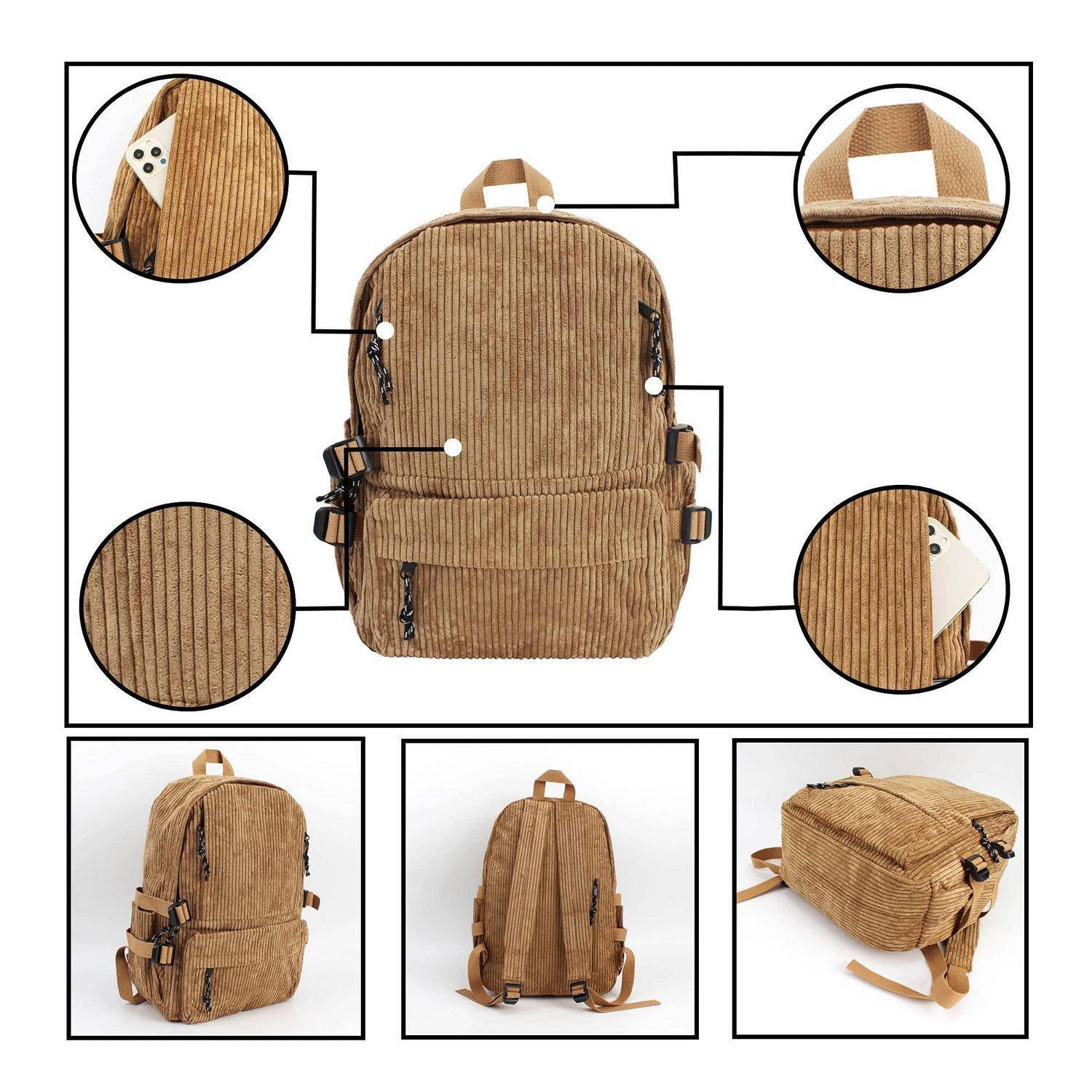 Beige Cordhose-Rucksack von vorne, hinten und von der Seite gezeigt mit Nahaufnahmen, die den Reißverschluss, den Griff und die Seitentaschen hervorheben.