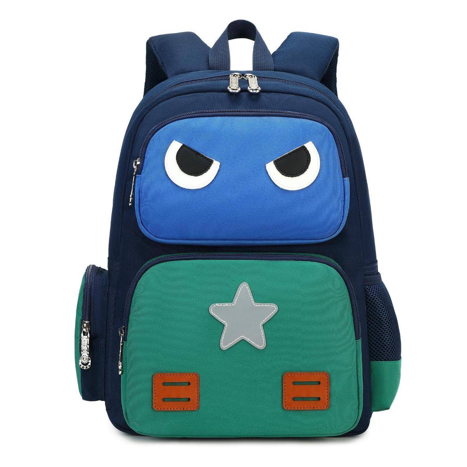 Kinderrucksack mit blauem wütendem Gesicht, Stern auf der Vordertasche und seitlichen Netztaschen.