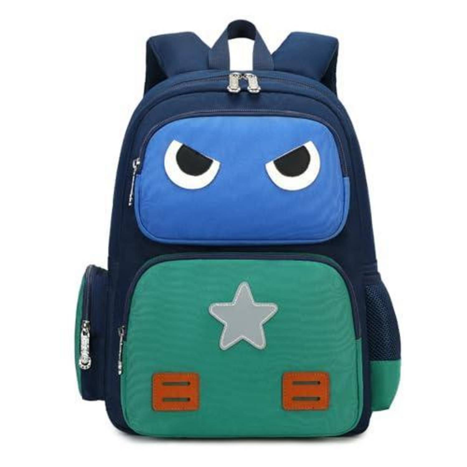 Kinderrucksack in Marineblau mit Cartoon-Gesicht, Stern und Vordertasche, auf weißem Hintergrund dargestellt.