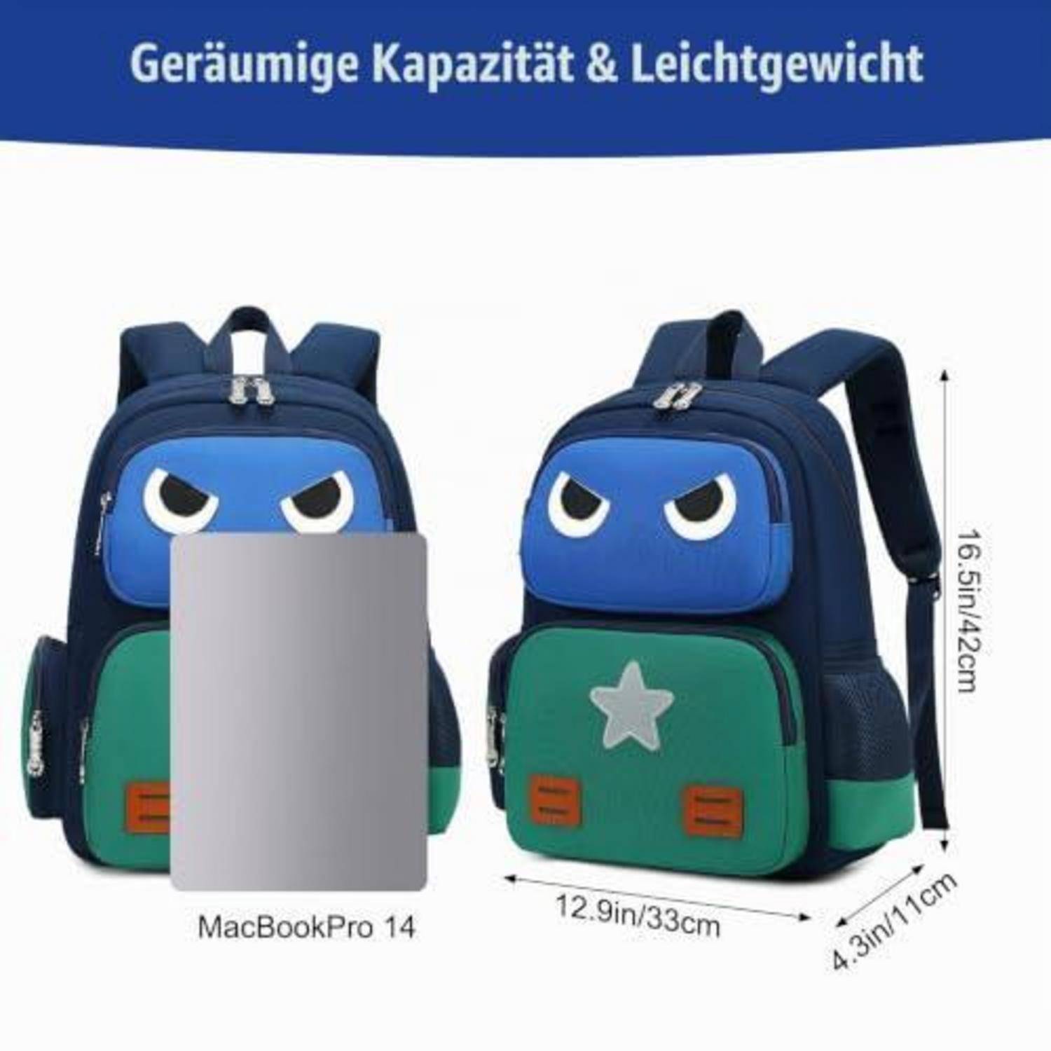 Produktbild eines blau-grünen Rucksacks mit Cartoon-Augen, der großes Fassungsvermögen und leichtes Design zeigt; Abmessungen 16,5 Zoll x 12,9 Zoll x 4,3 Zoll, passt zu einem 14-Zoll MacBook Pro.