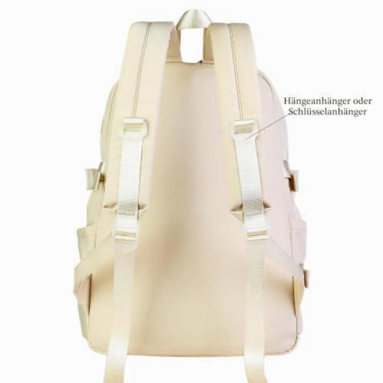 Beige Rucksack von hinten gezeigt, mit Schultergurten und einer Schlaufe/Schlüsselhalter mit der Bezeichnung „Hängeanhänger oder Schlüsselanhänger".