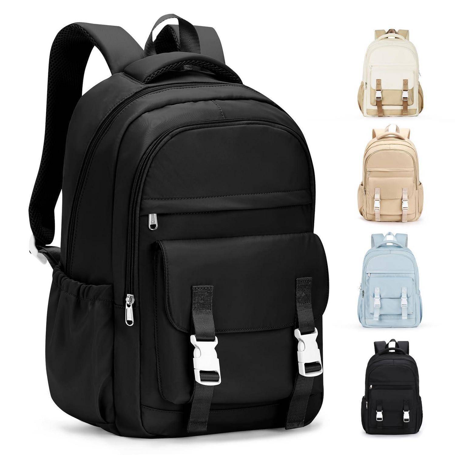 Schwarzer Rucksack mit vorderen Taschen und Seitentaschen, rechts mit vier Farboptionen dargestellt.