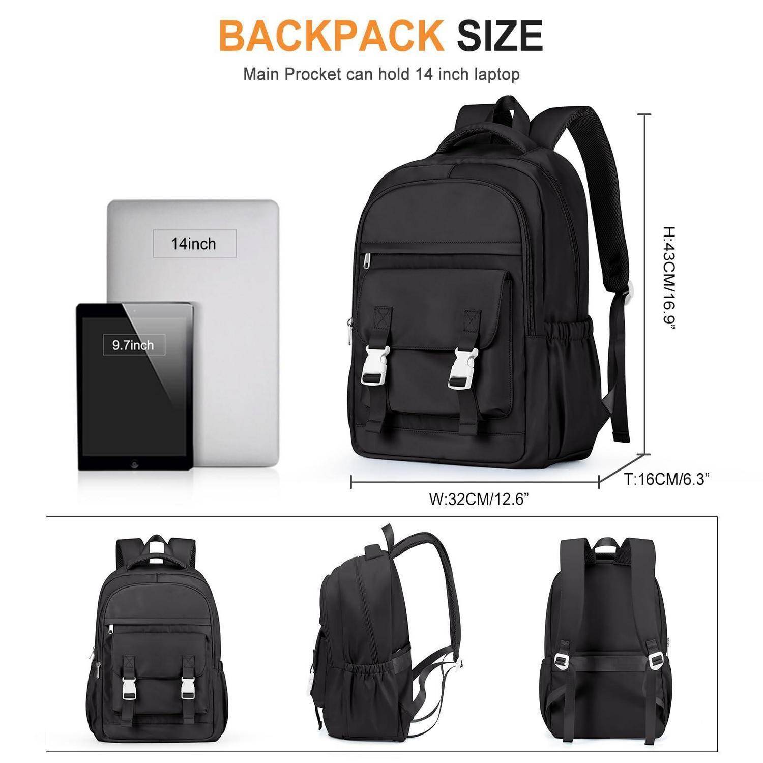 Größentabelle für Rucksäcke mit einem schwarzen Rucksack, der einen 14-Zoll-Laptop aufnimmt; Abmessungen aufgelistet als B32cm/12,6