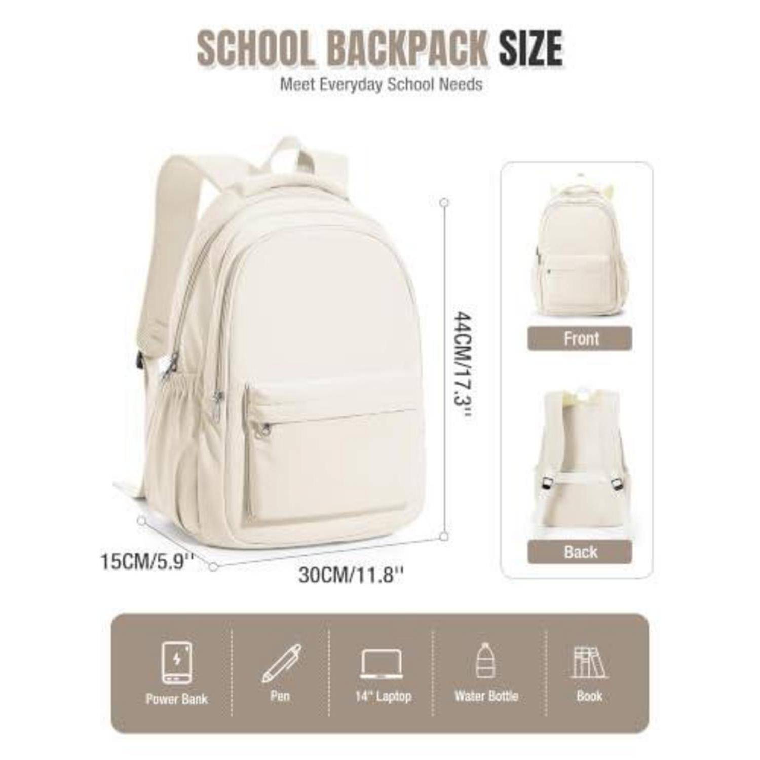 Infografik, die einen cremefarbenen Schulrucksack mit Abmessungen von 44 cm Höhe, 30 cm Breite, 15 cm Tiefe zeigt, plus Vorder- und Rückansichten sowie Symbole für Laptop, Wasserflasche, Bücher, Stift und Powerbank.