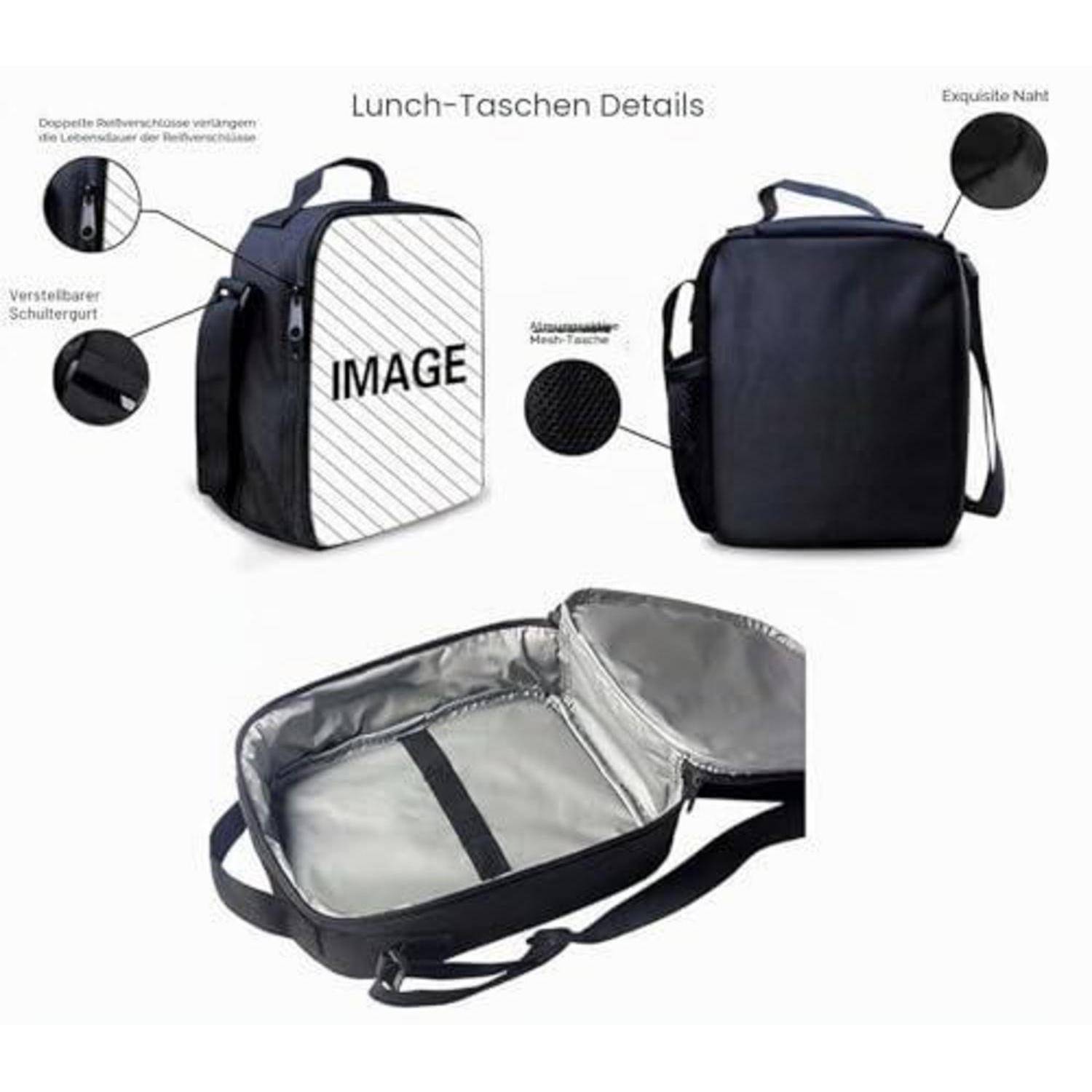 Illustrierte Lunchbag-Details: isolierter schwarzer Rucksack-Stil-Kühler mit verstellbarem Schultergurt, robustem Reißverschluss und gefüttertem Inneren.