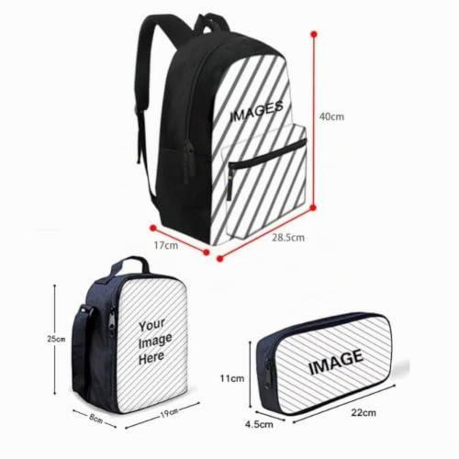 Drei Rucksack-Produktmuster mit anpassbaren Druckflächen und Größenmessungen: 40x28,5x17 cm, 25x19x8 cm und 11x22x4,5 cm.