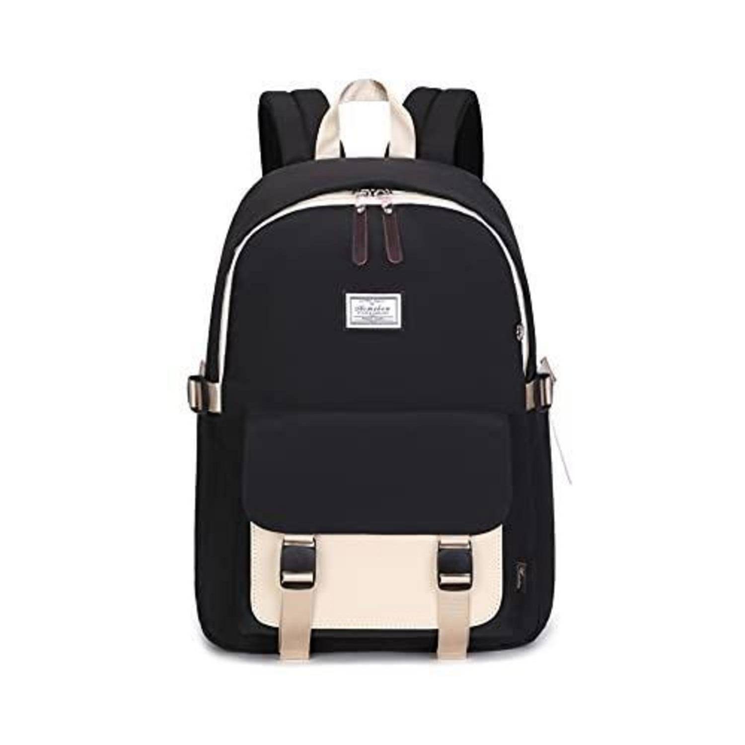 Schwarzer und beiger Rucksack mit Vordertasche, Reißverschluss und verstellbaren Riemen auf einfachem weißem Hintergrund.