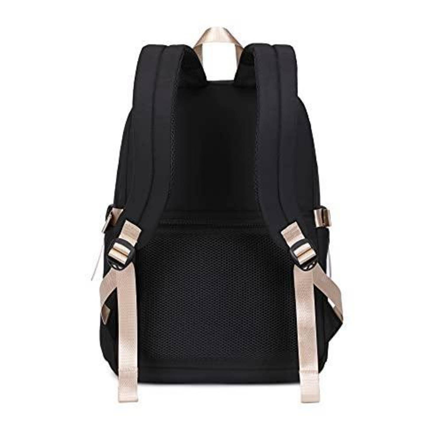 Schwarzer Rucksack von hinten gezeigt, mit gepolsterten Schultergurten, Tragegriff oben und beige Webbinggurten auf weißem Hintergrund.