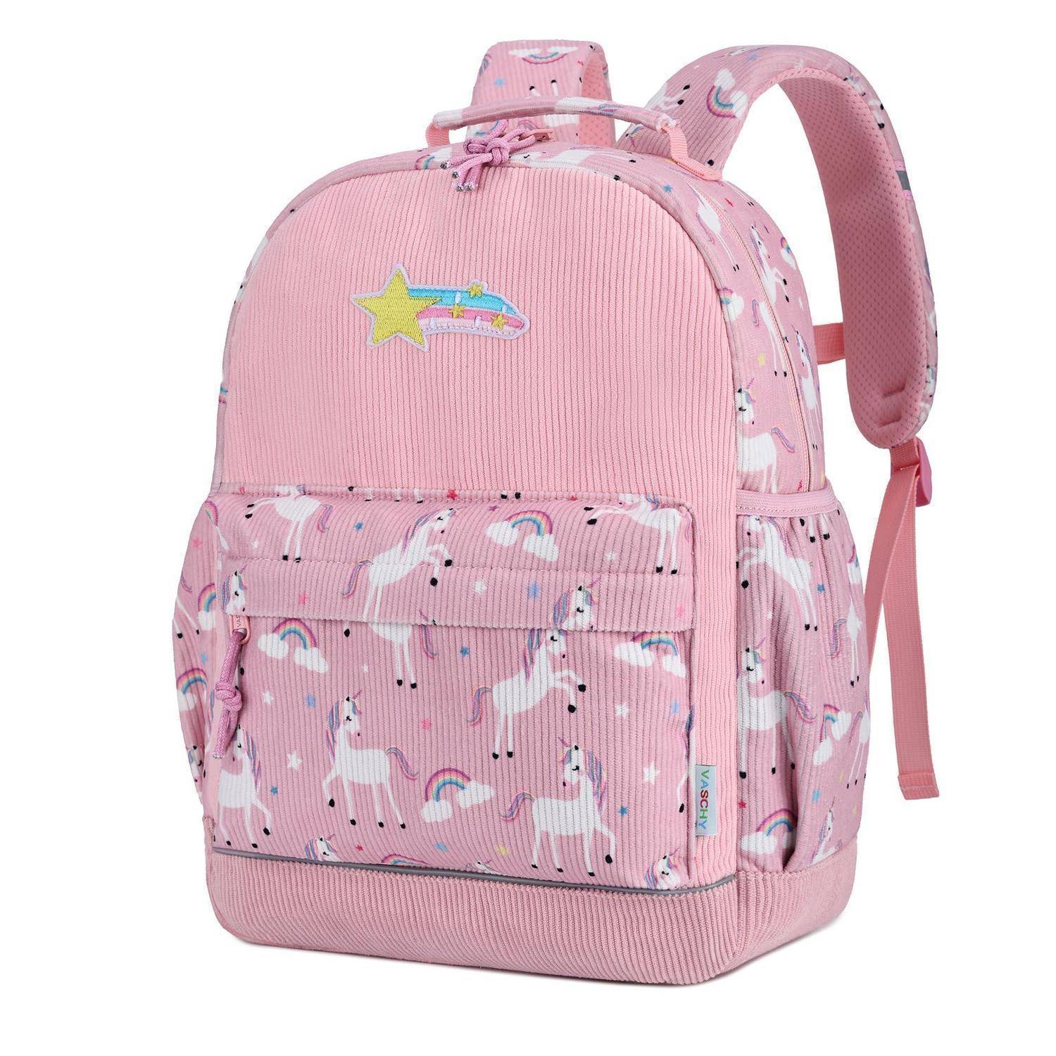 Rosa Kinderrucksack mit Einhorn- und Regenbogendruck, Vordertasche, Griffschlaufe und gepolsterten Schultergurten.