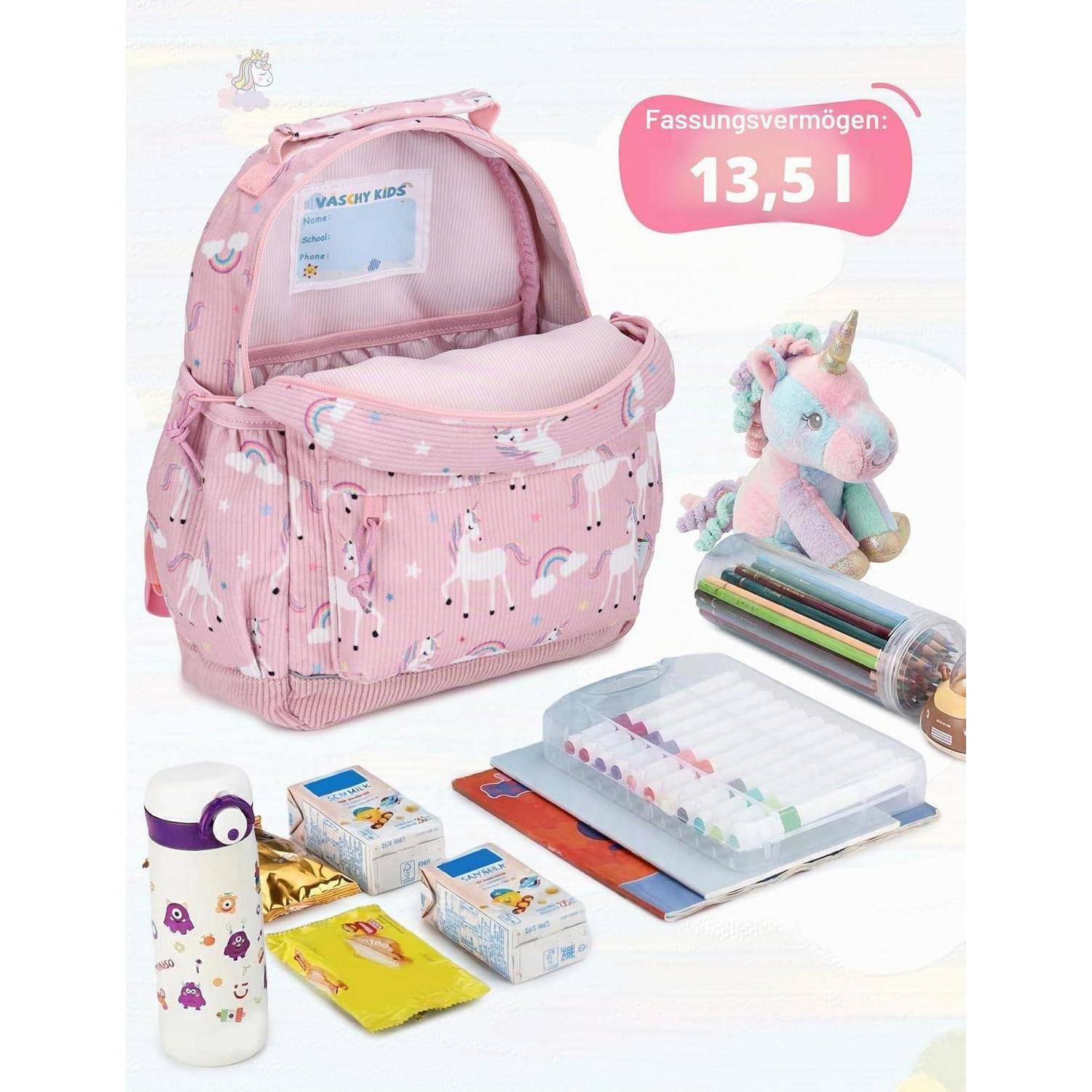 Rosafarbener Einhorn-Kinderrucksack mit Lunchpaketen und Schreibwaren; das Etikett besagt „Fassungsvermögen: 13,5 l