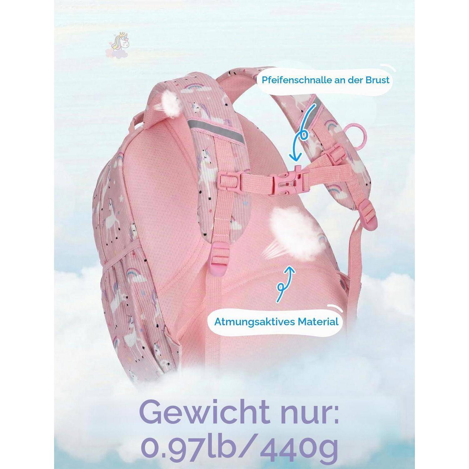 Rosa Kinderrucksack mit beschrifteten Eigenschaften: 'Pfeifenschnalle an der Brust', 'Atmungsaktives Material' und 'Gewicht nur: 0,97 lb/440 g'.