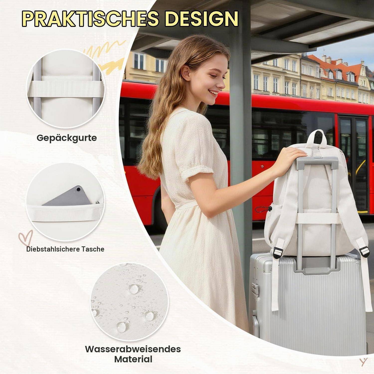 Anzeige für einen weißen diebstahlsicheren, wasserabweisenden Rucksack mit Gepäckgurt, gezeigt auf einem Koffer neben einer lächelnden Frau an einer Bushaltestelle.