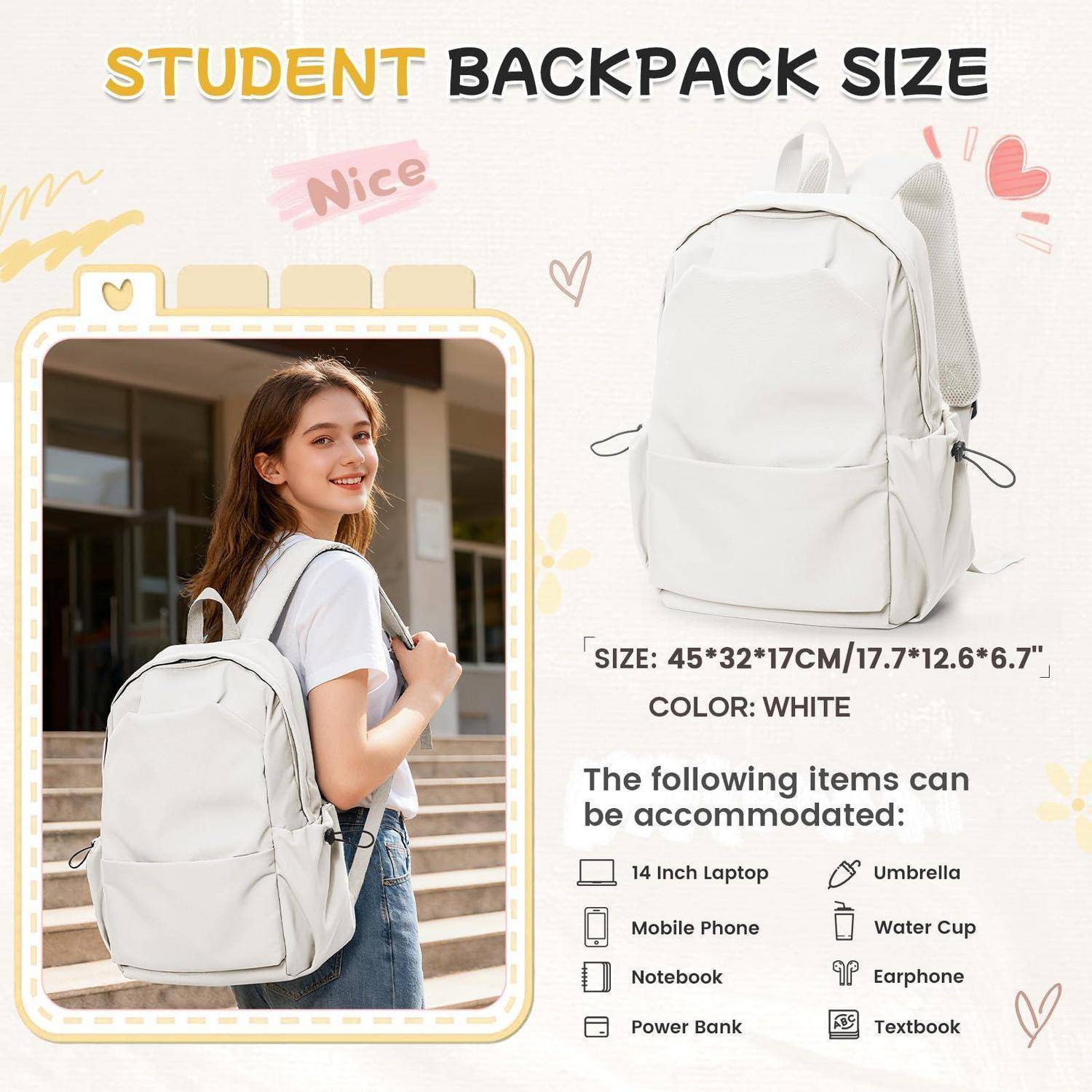 Werbegrafik für einen weißen Schülerrucksack mit einem Model, das ihn trägt, und einer Produktabbildung; Größe 45×32×17 cm, mit Gegenständen, die hineinpassen: Laptop, Telefon, Notizbuch, Powerbank, Regenschirm, Becher, Kopfhörer, Lehrbuch.