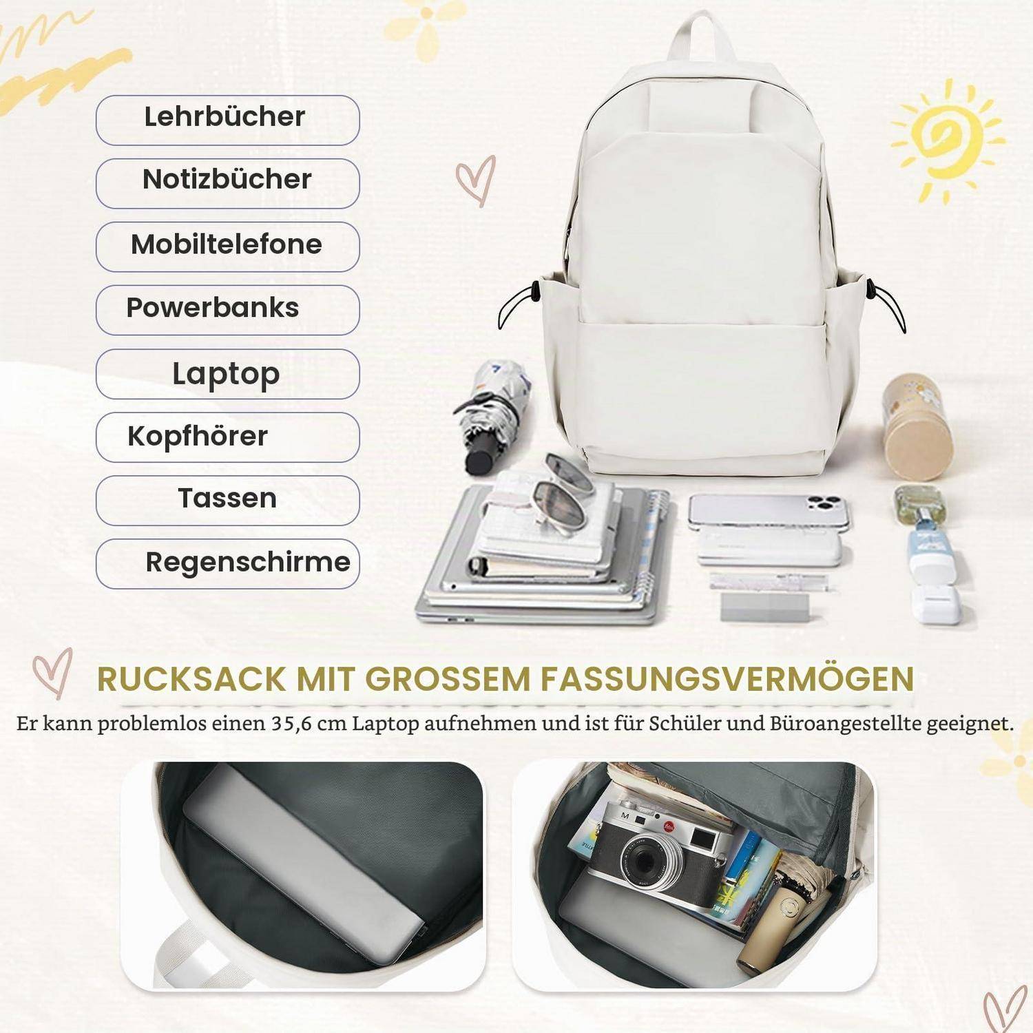 Weißer Rucksack mit großem Fassungsvermögen, gezeigt mit Schul- und Büroartikeln; deutscher Text sagt, dass er einen 35,6 cm Laptop aufnimmt und sich für Schüler und Büroangestellte eignet.