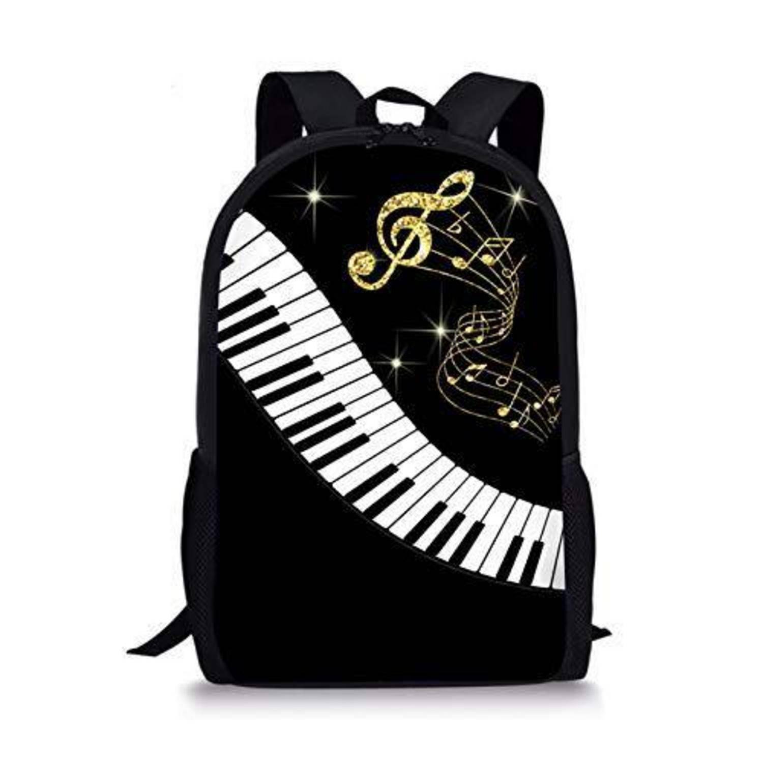 Schwarzer Rucksack mit Klaviertastatur-Design und goldenen Musiknoten auf der Vorderseite.
