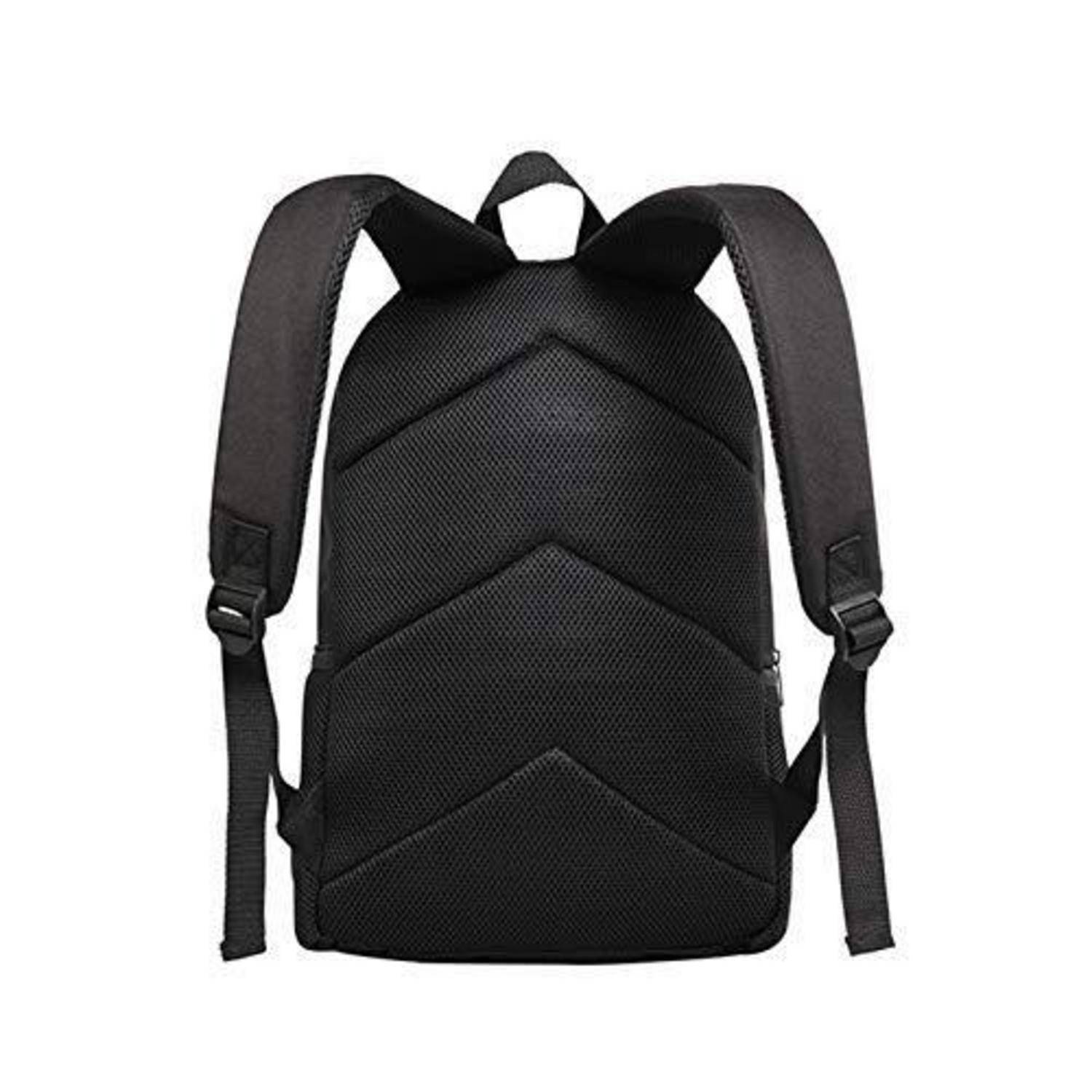 Schwarzer Rucksack mit gepolsterten Schultergurten und Chevron-gestepptem Frontpaneel, auf weißem Hintergrund abgebildet.