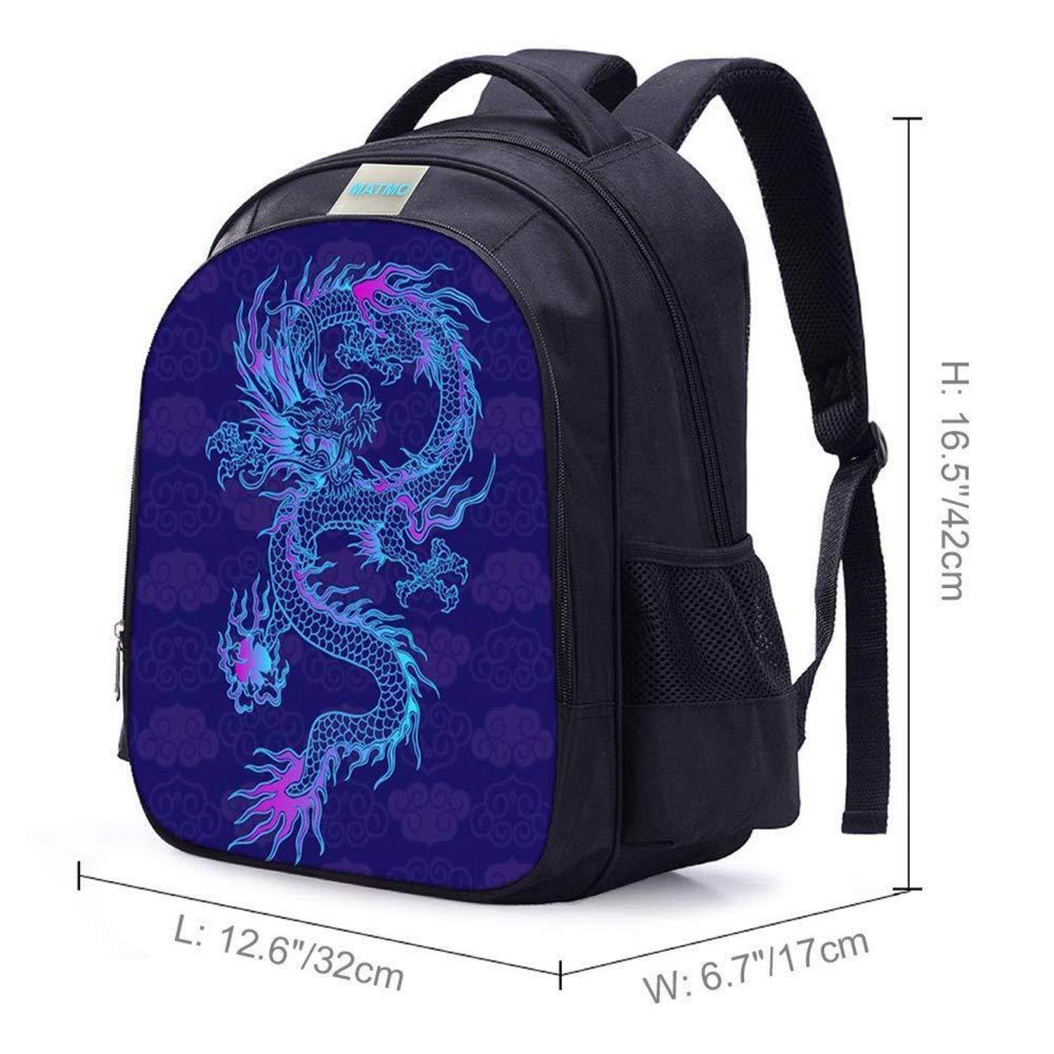 Schwarzer Rucksack mit blauem Drachen-Design auf der Vorderseite, gezeigt mit den Maßen: 16,5 Zoll hoch, 12,6 Zoll lang, 6,7 Zoll breit.
