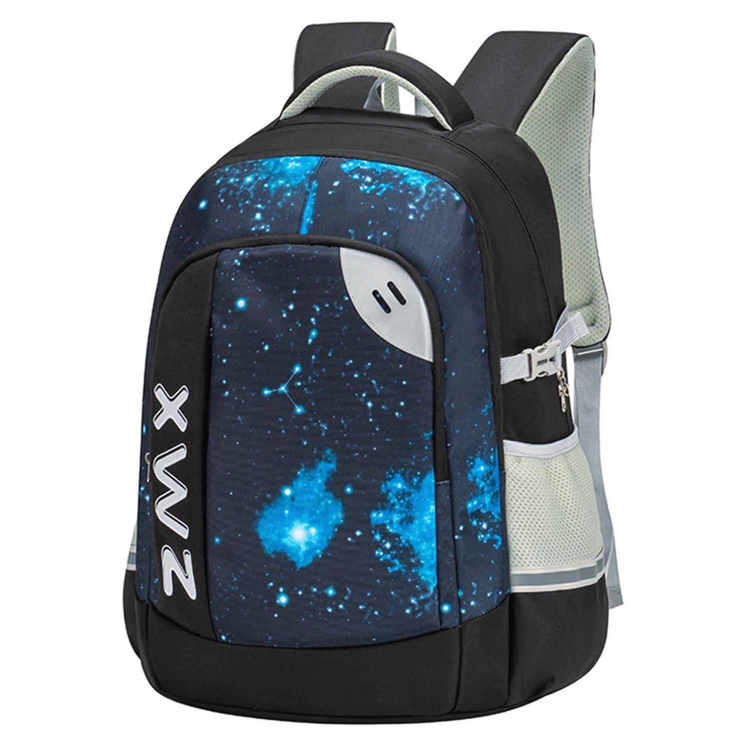 Blauer und schwarzer Rucksack mit Weltallmotiv-Druck, grauen Netzseiten und dem 