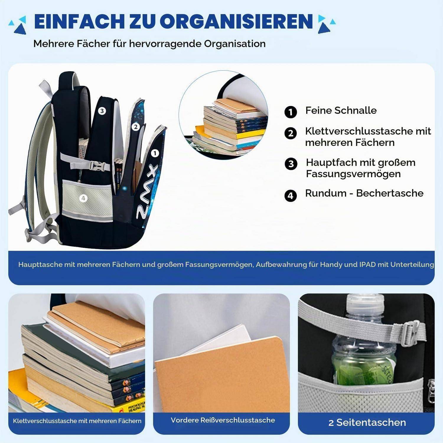 Amythe Schulrucksack Jungen Teenager 46L Schwarz Wasserdicht Robust