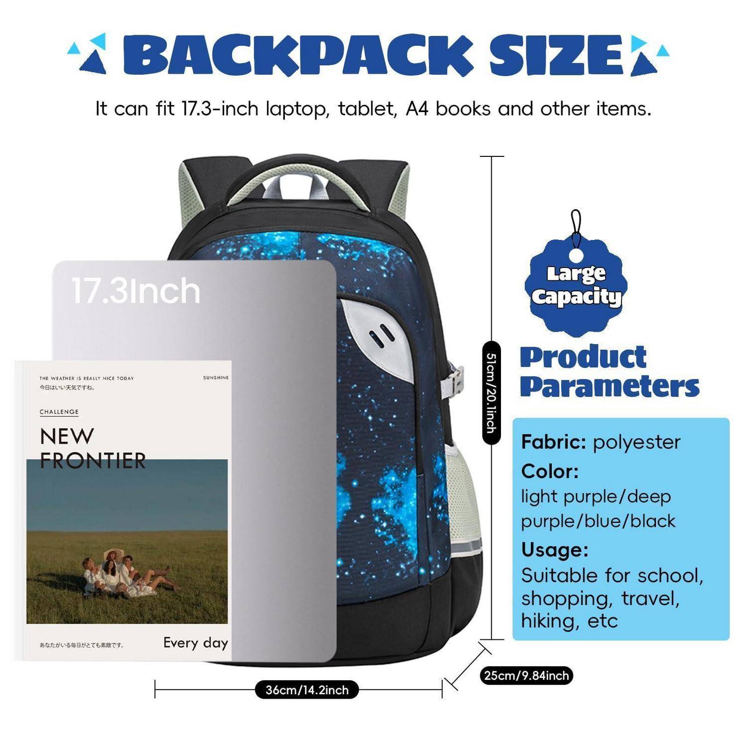 Amythe Schulrucksack Jungen Teenager 46L Schwarz Wasserdicht Robust