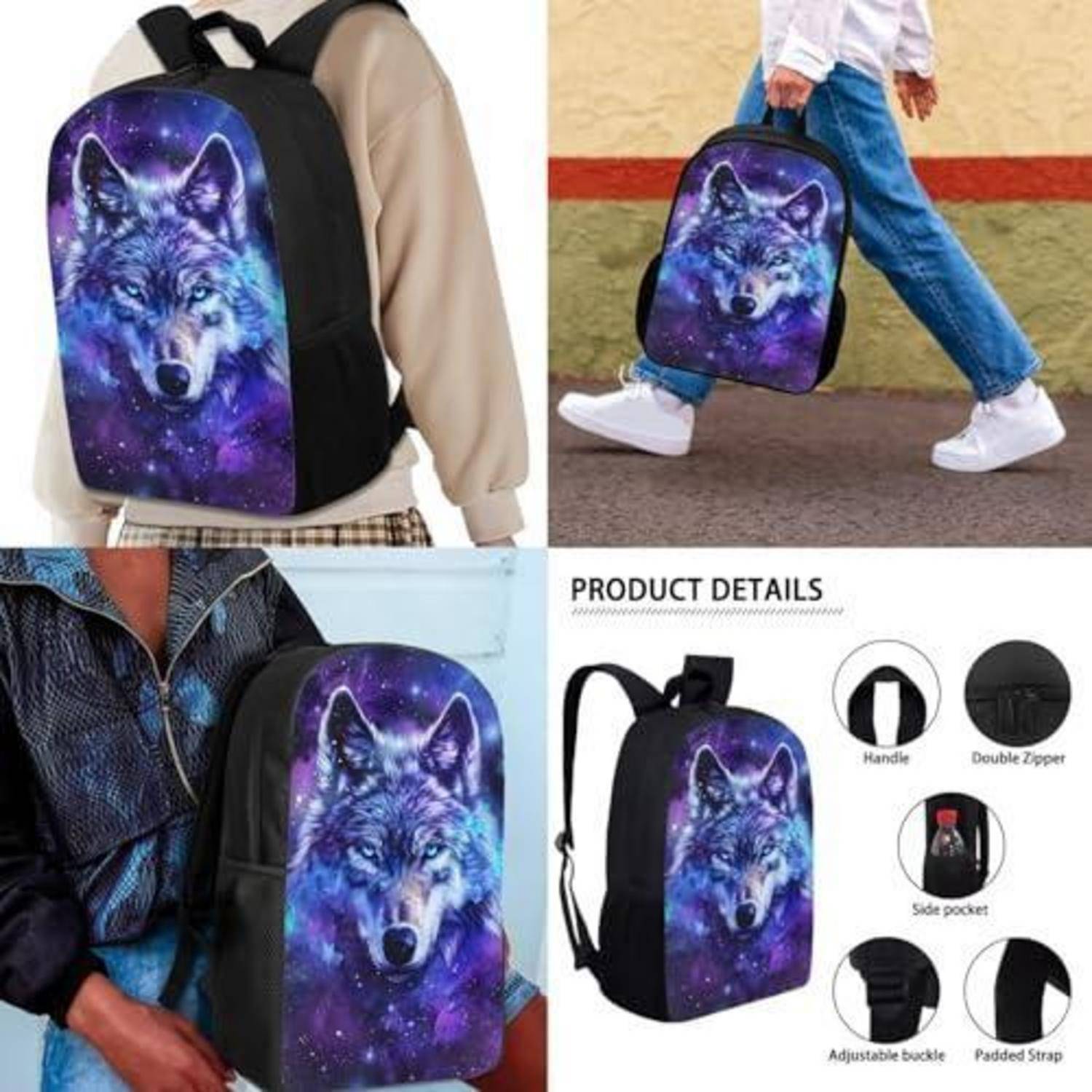 Wolfsthematischer Rucksack mit violettem Galaxiendruck, gezeigt in Tragesituationen und zum Tragen, plus Produktdetails, die den Griff, den doppelten Reißverschluss, die Seitentasche, den verstellbaren Schnallenverschluss und die gepolsterte Rückseite hervorheben.