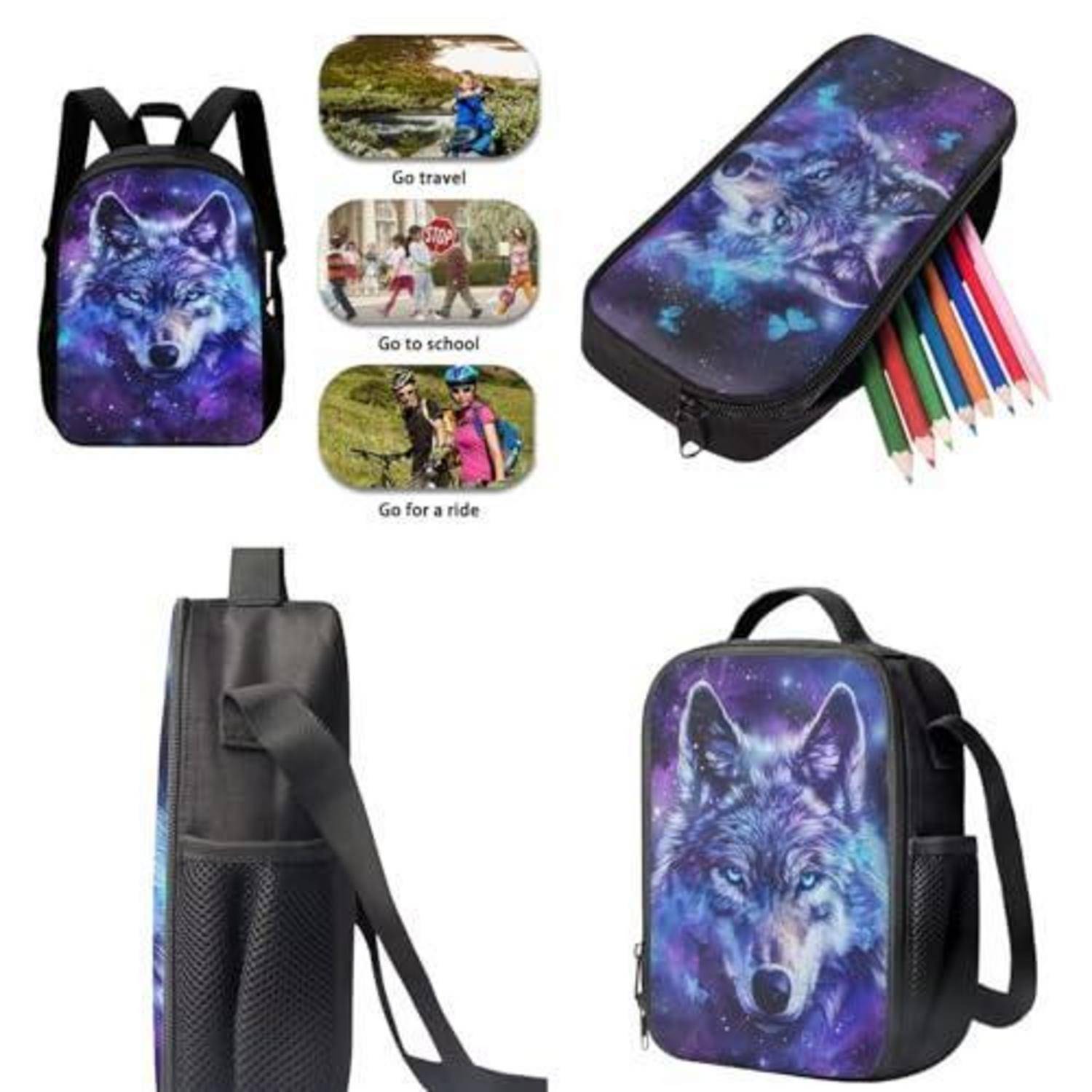 chaqlin Kinder Schultaschen Set 3-teilig Wolf Motiv