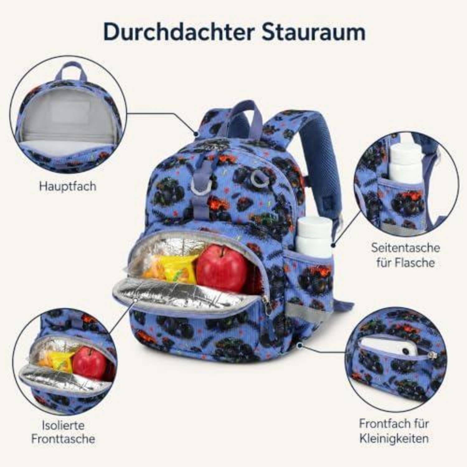 Kinderrucksack 8L blaues Auto, wasserabweisend, reflektierend
