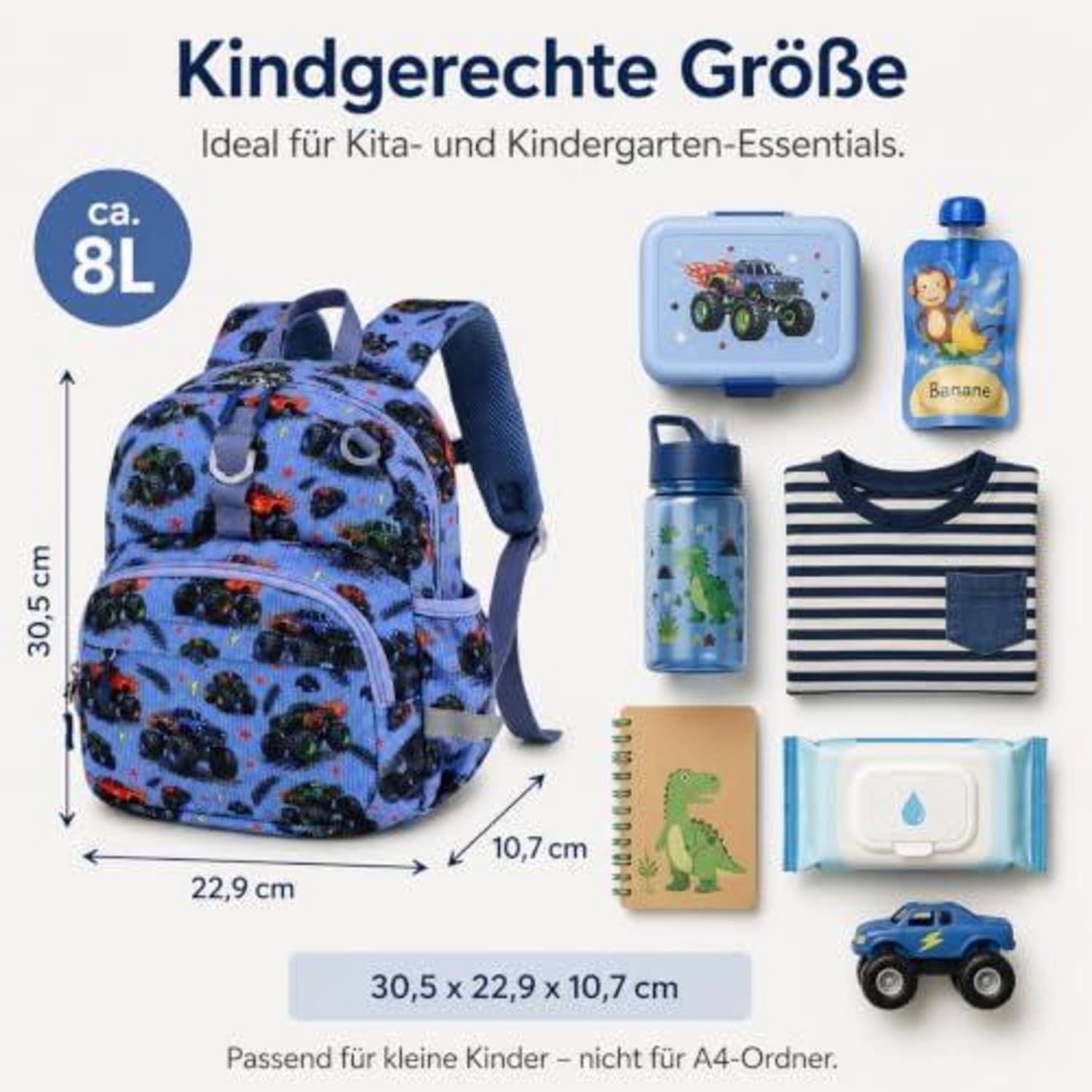 Kinderrucksack 8L blaues Auto, wasserabweisend, reflektierend