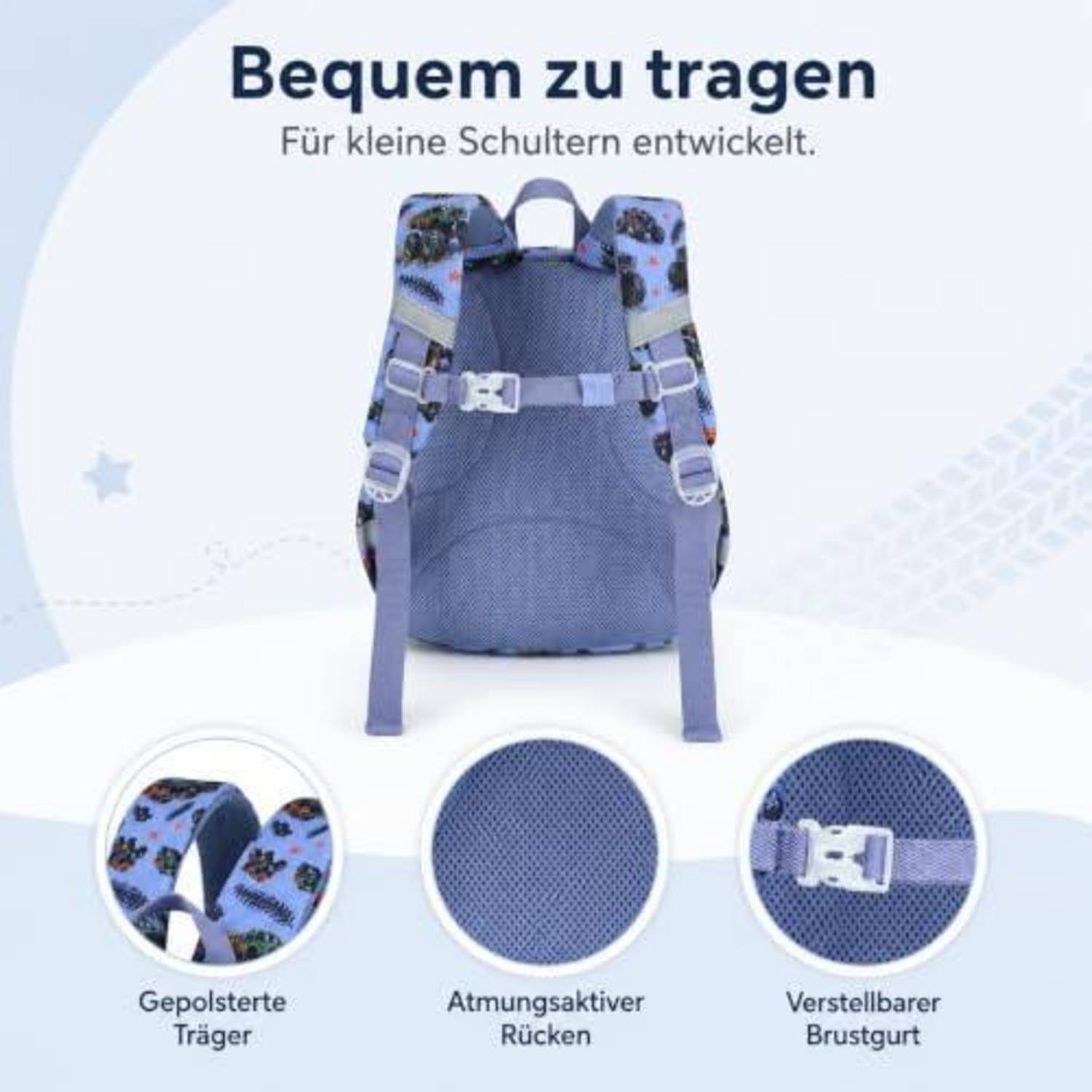 Kinderrucksack 8L blaues Auto, wasserabweisend, reflektierend