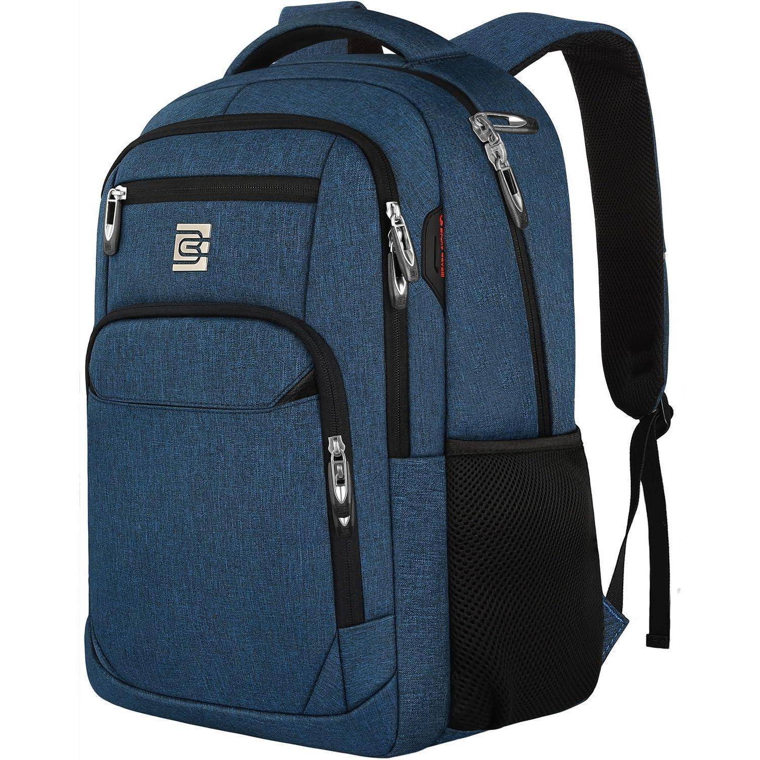 Blauer Laptop-Rucksack mit mehreren Reißverschlussfächern, gepolsterten Schultergurten und seitlichen Netzfächern auf weißem Hintergrund.