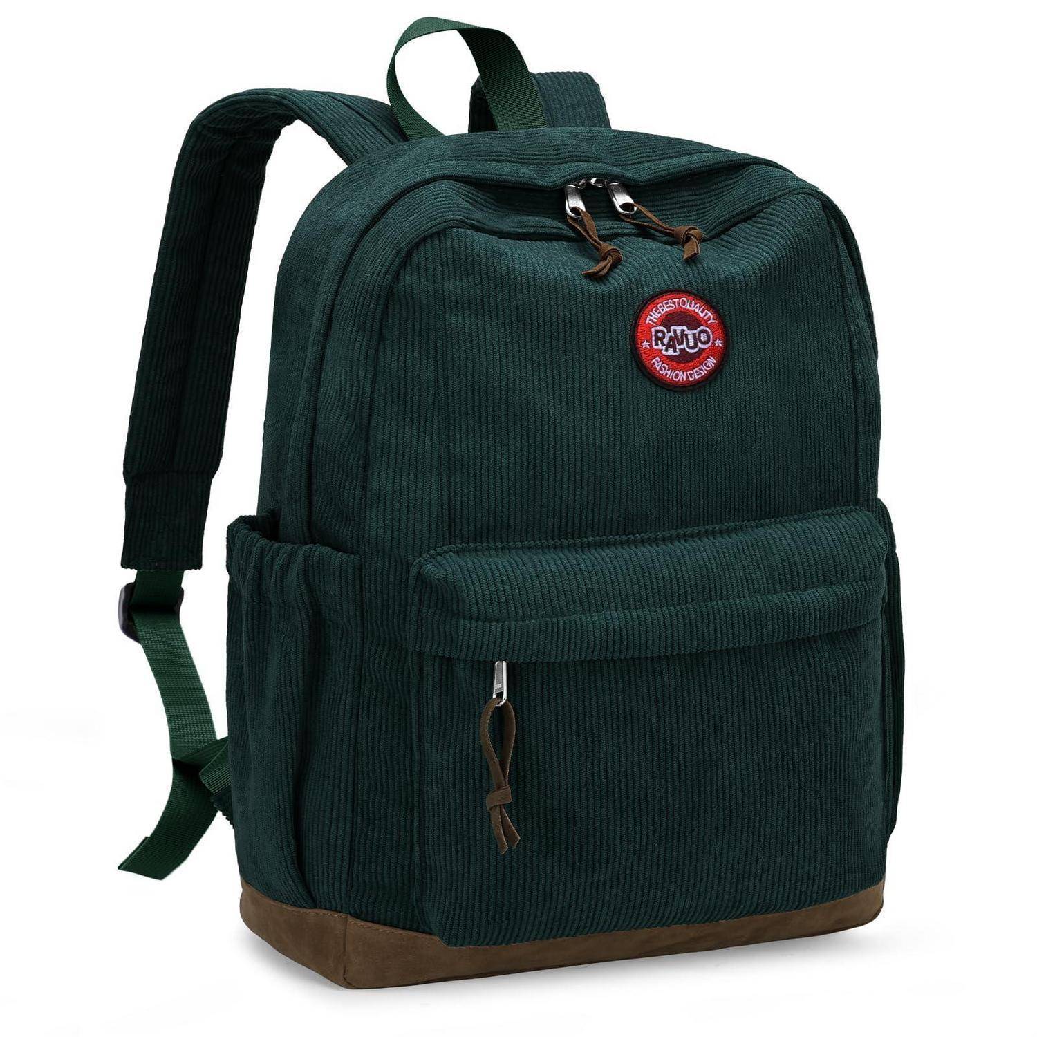 Dunkelgrüner Cord-Rucksack mit vorderer Reißverschlusstasche, Tragegriff und rotem Kreislogo auf weißem Hintergrund.
