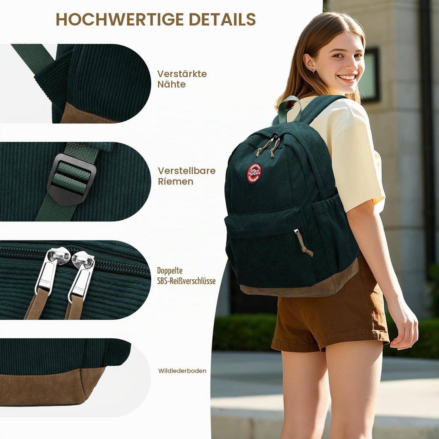 Cord Rucksack Damen Grün 30x14x43cm Laptopfach 15,6 Zoll
