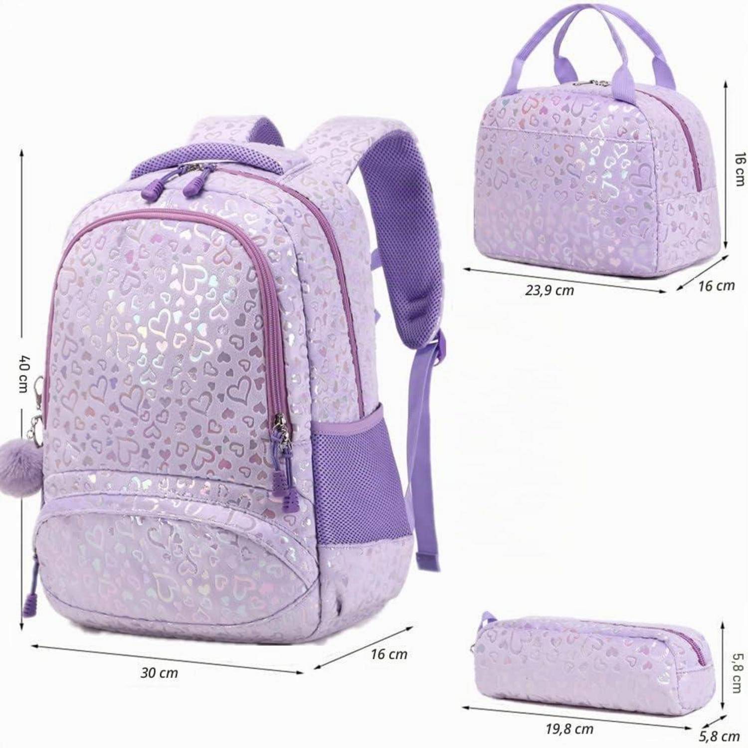 Jumpopack Kinder Schulranzen Set 3-teilig Mädchen Herzförmig Lila