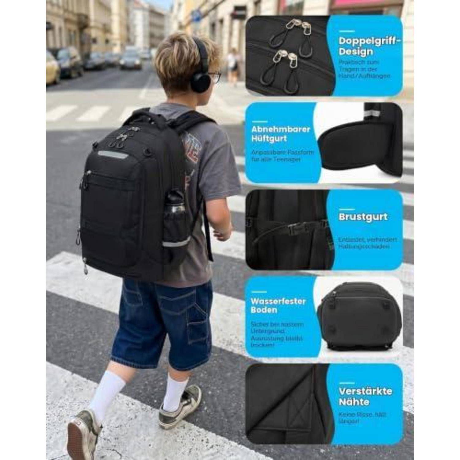 Schulranzen Jungen 30L mit Hüftgurt Schwarz