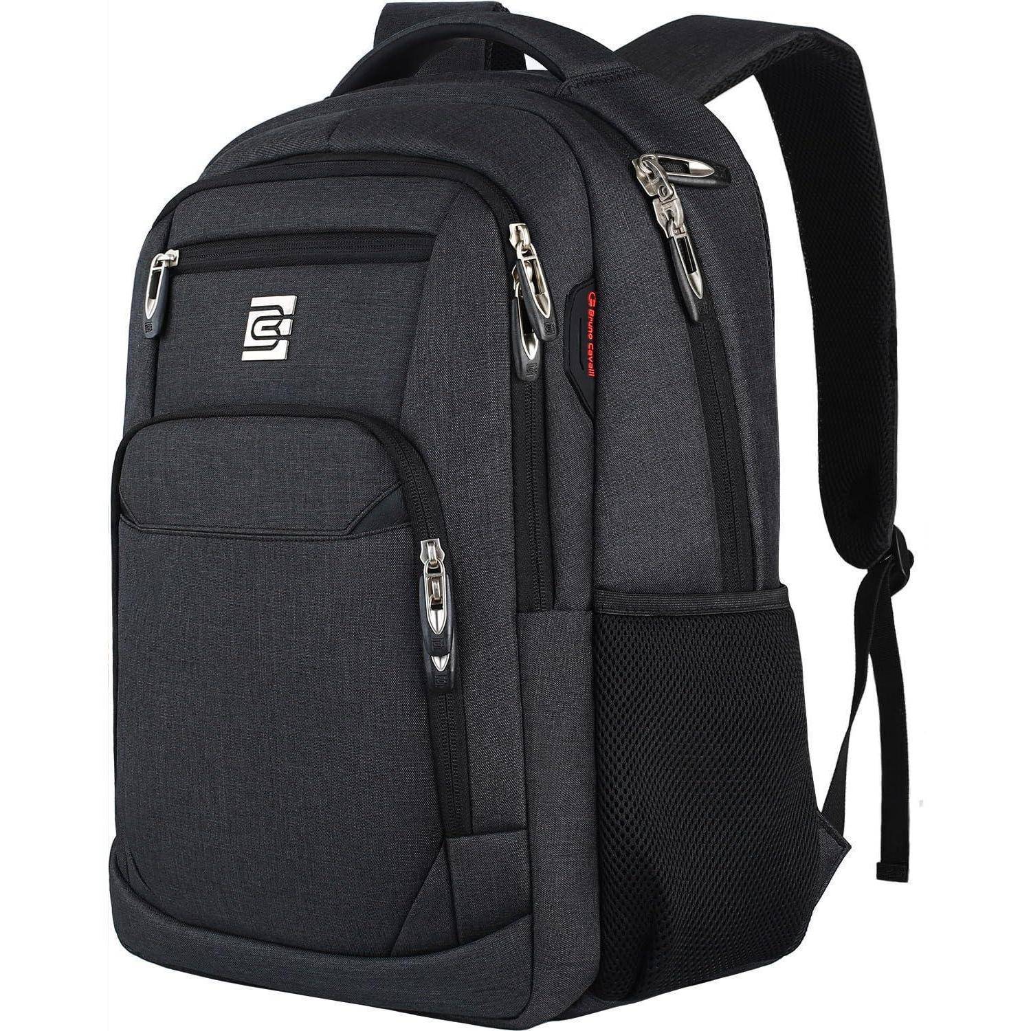 Schwarzer Rucksack mit mehreren Taschen, gepolsterten Schultergurten und Netzstoffseite ntasche, vor weißem Hintergrund abgebildet.