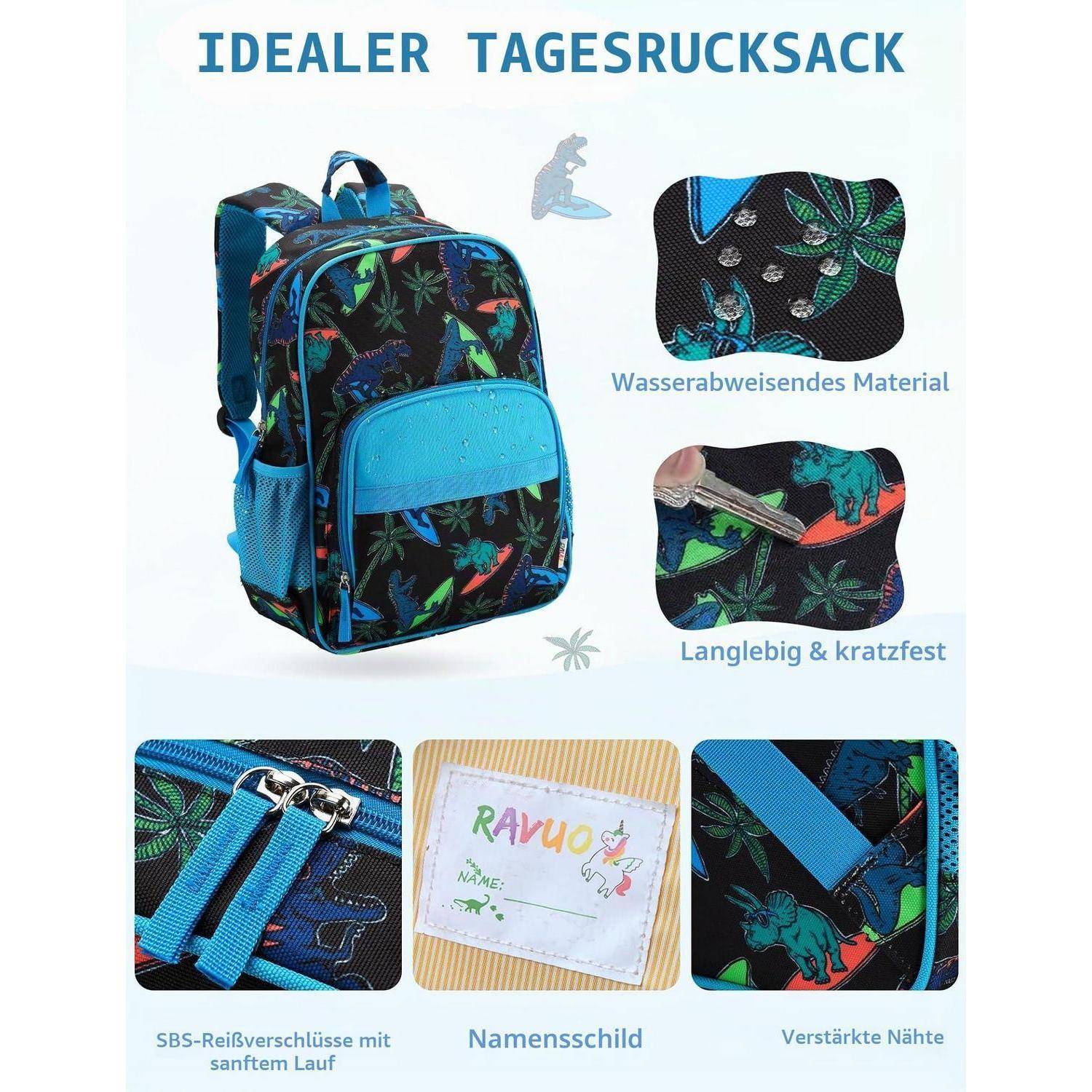 RAVUO Kinderrucksack Jungen 15.5L Blau Dinosaurier A4 Reflektierend