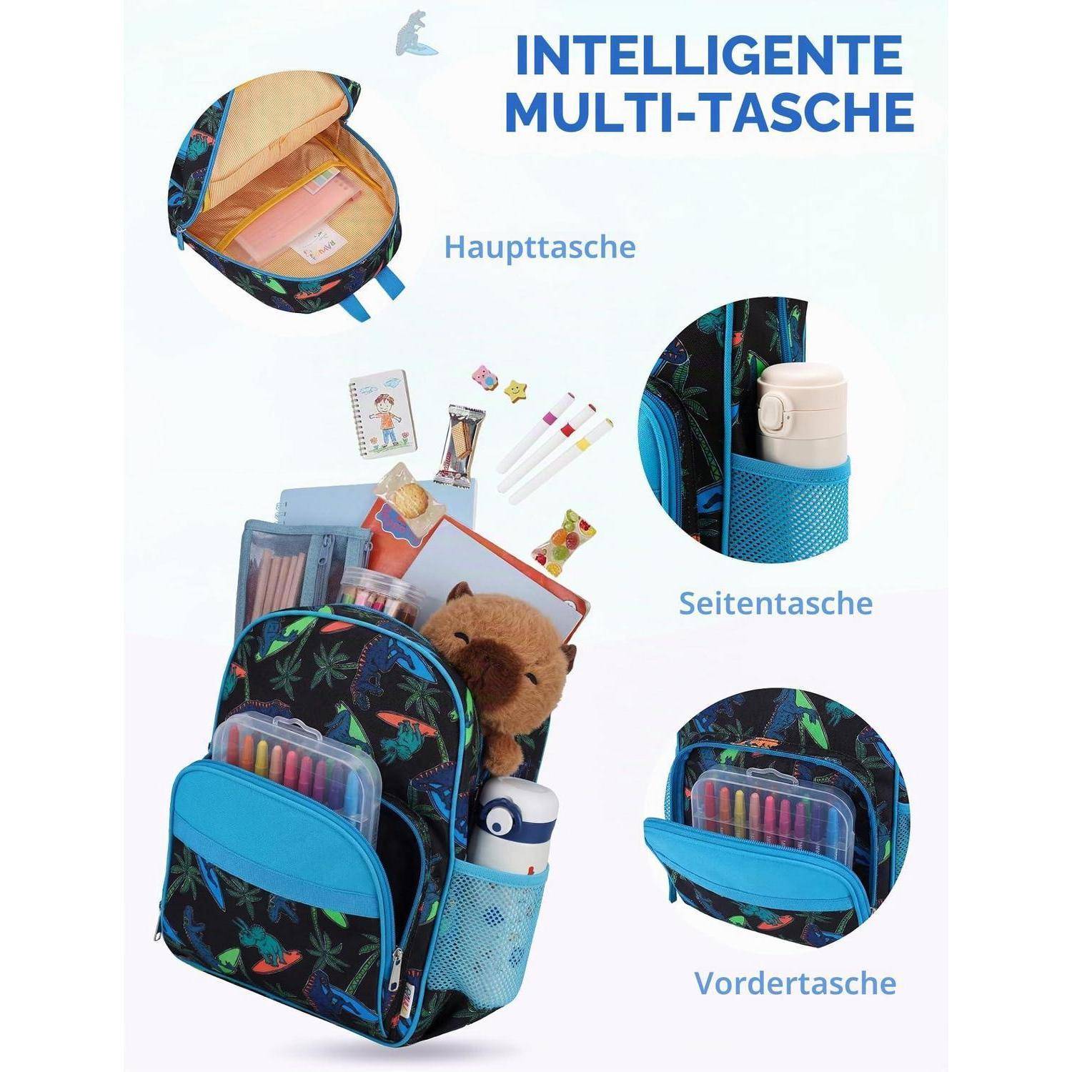 RAVUO Kinderrucksack Jungen 15.5L Blau Dinosaurier A4 Reflektierend