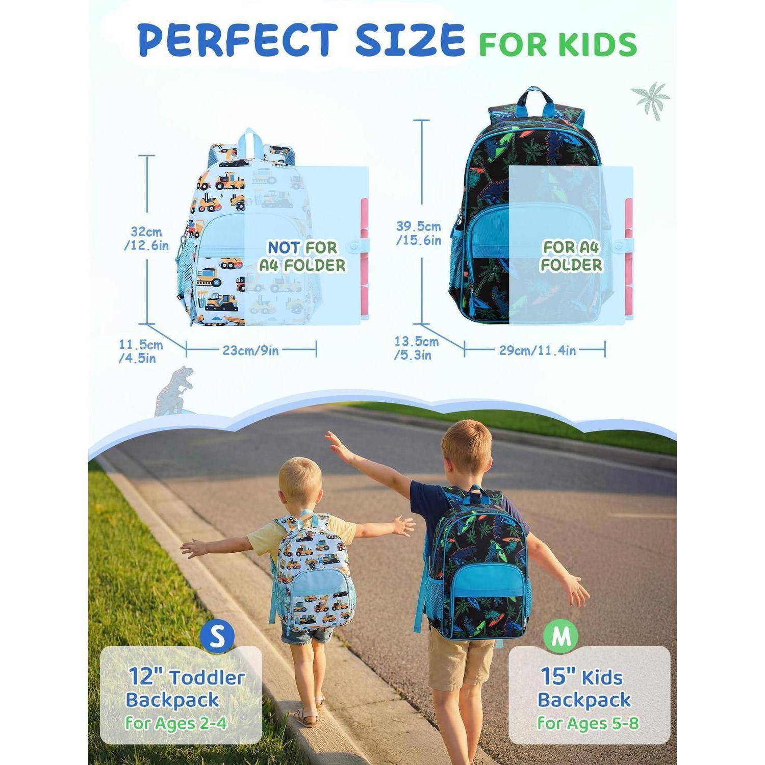 RAVUO Kinderrucksack Jungen 15.5L Blau Dinosaurier A4 Reflektierend