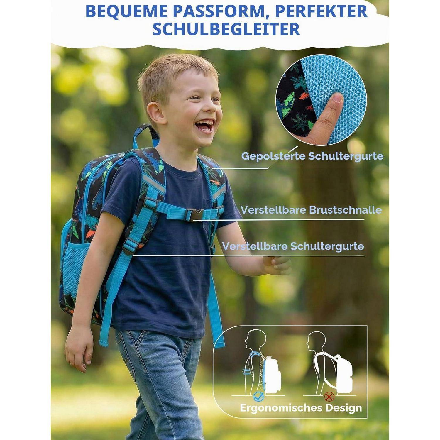 RAVUO Kinderrucksack Jungen 15.5L Blau Dinosaurier A4 Reflektierend