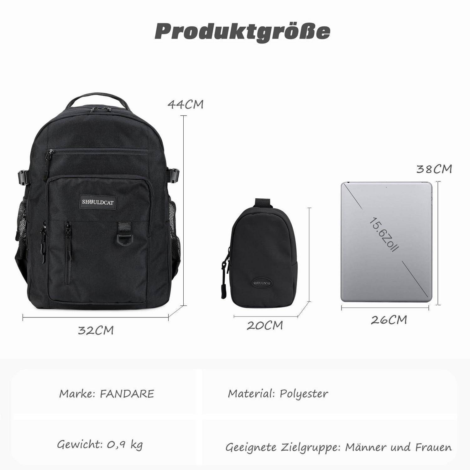 FANDARE Rucksack 15.6 Zoll Laptopfach wasserdicht Schwarz