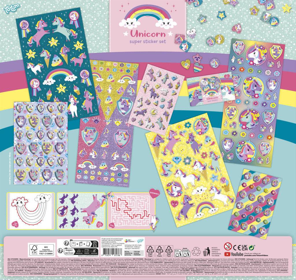 Einhorn Super Aufkleber Set mit mehreren bunten Aufkleberblättern mit Einhörnern, Regenbögen, Sternen, Wolken und Herzen, plus Verpackung oben und unten dargestellt.