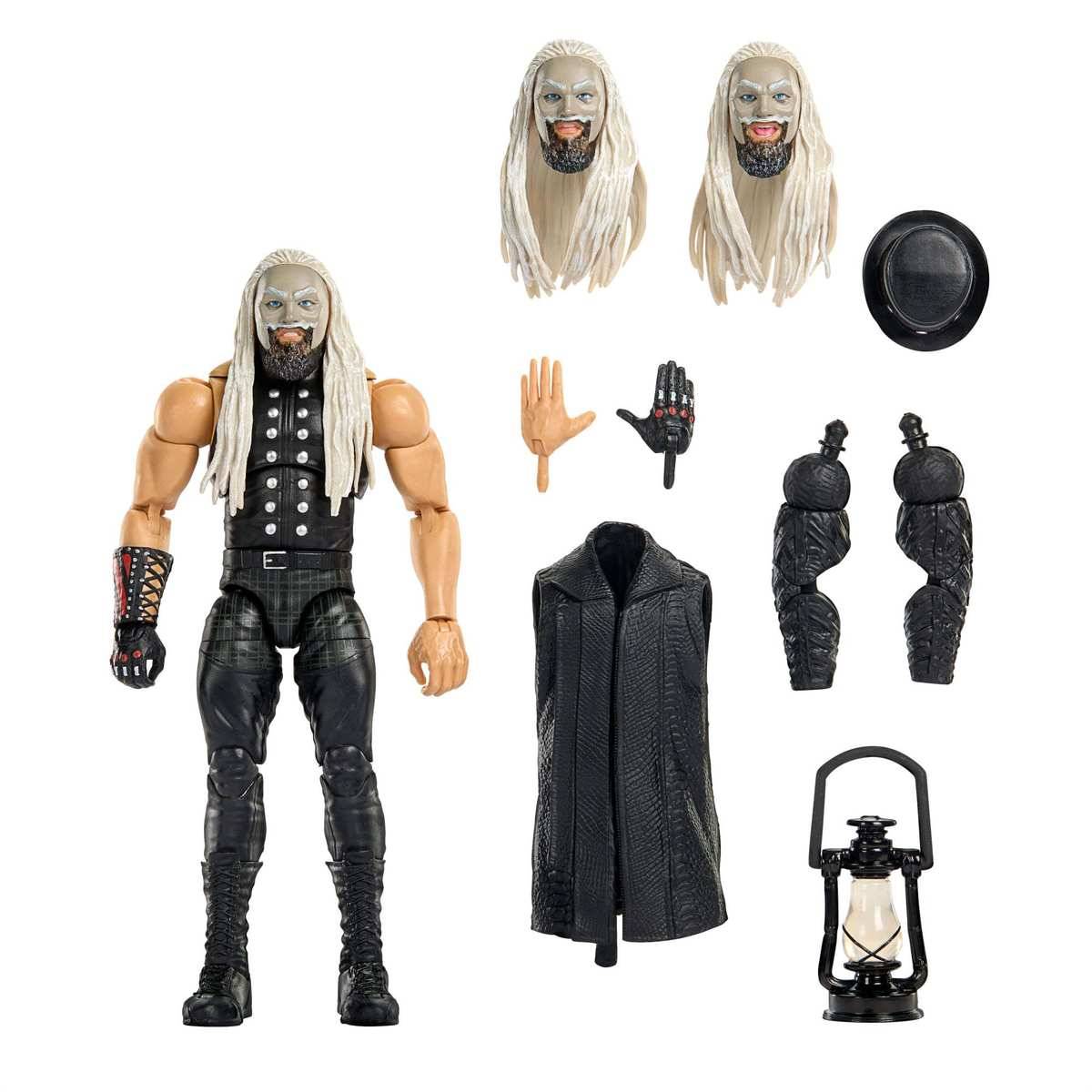 Actionfigur eines langhaarigen bärtigen Wrestlers, gezeigt mit zusätzlichen Köpfen, Händen, Mantel, Hut, Armen und Laternenzubehör auf weißem Hintergrund.