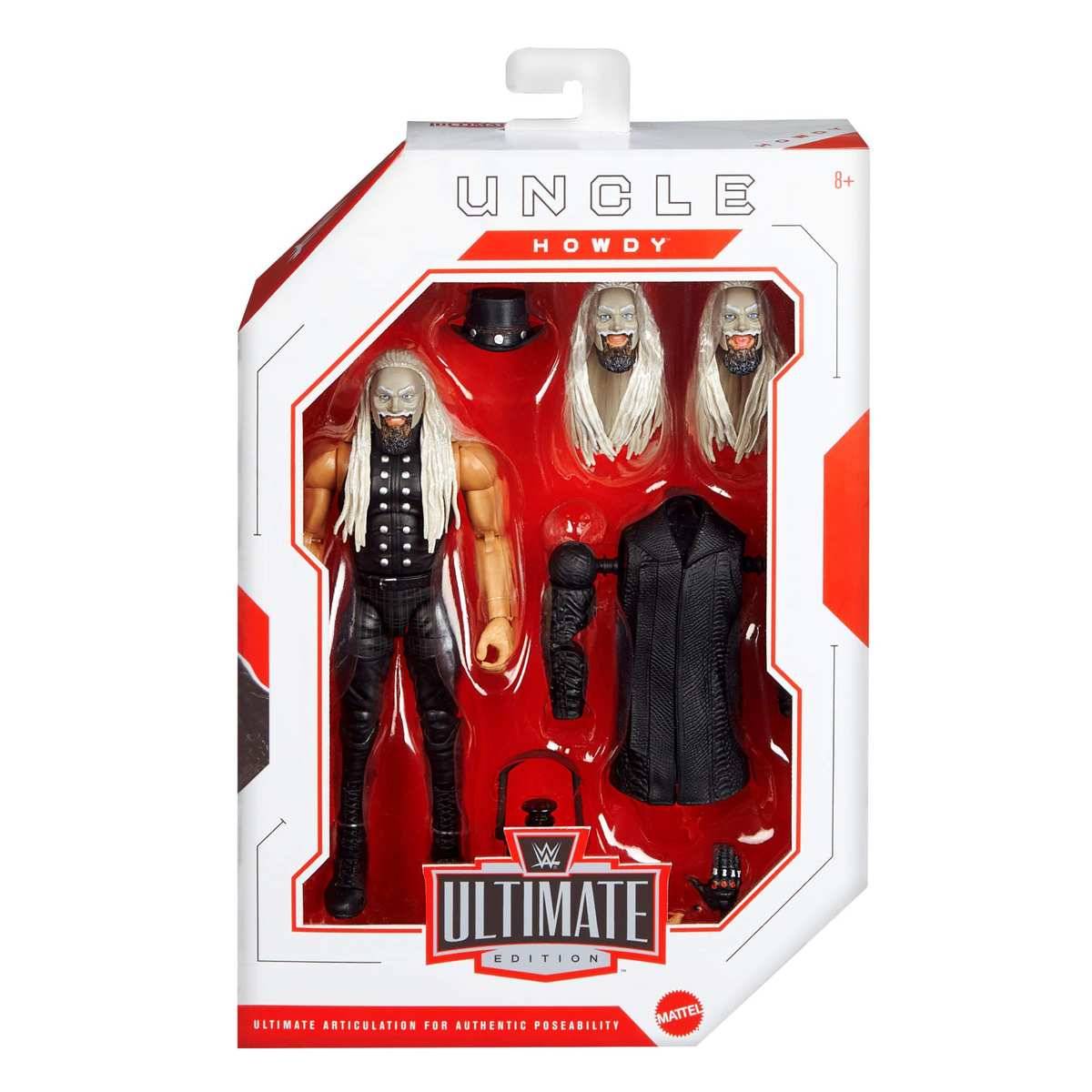 WWE Ultimate Edition 'Uncle Howdy' Actionfigur in Verpackung, mit zusätzlichen Köpfen, Hut und Umhang im Fenster ausgestellt.