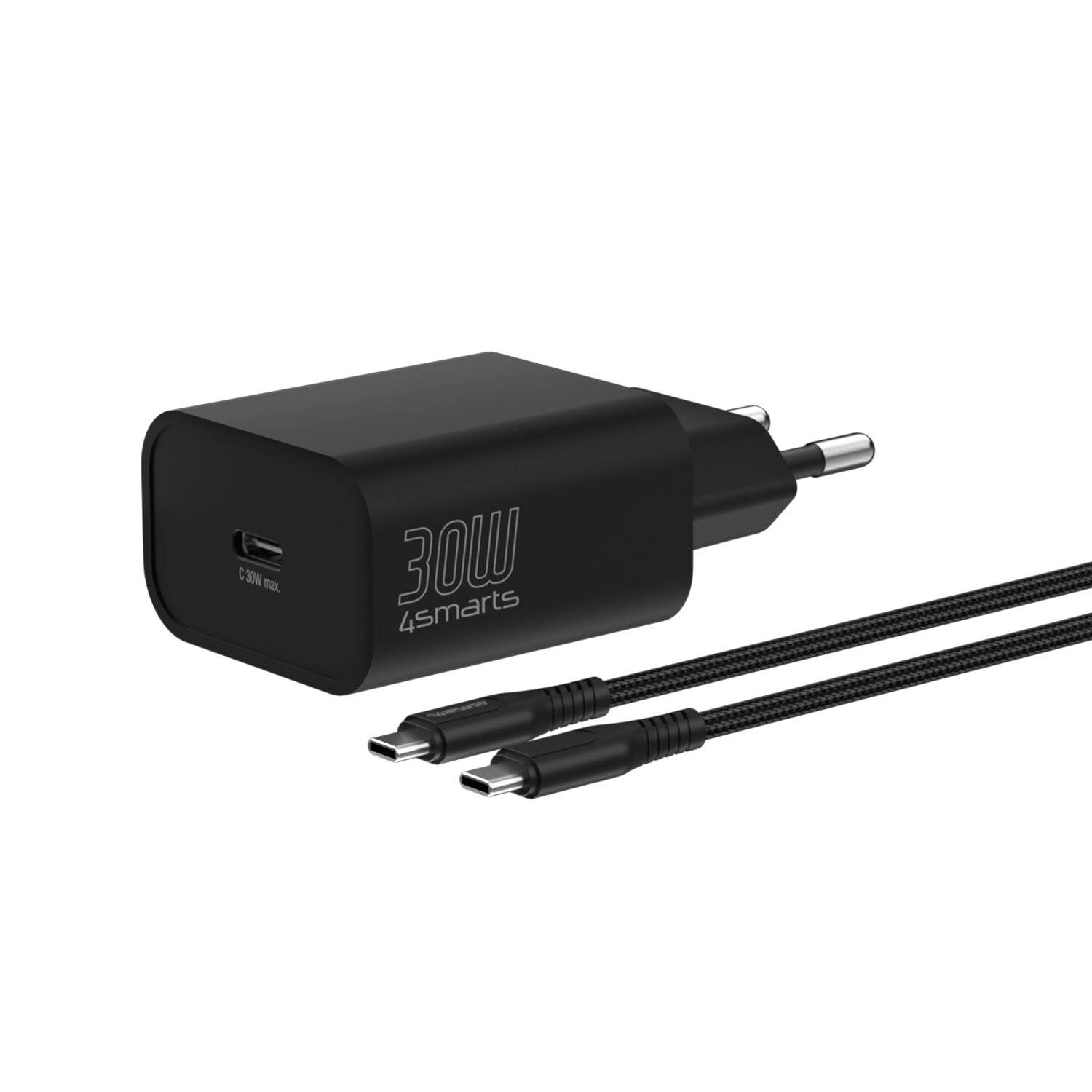 Schwarzes 30-W-USB-C-Wandladegerät mit zwei USB-C-Kabeln auf weißem Hintergrund.