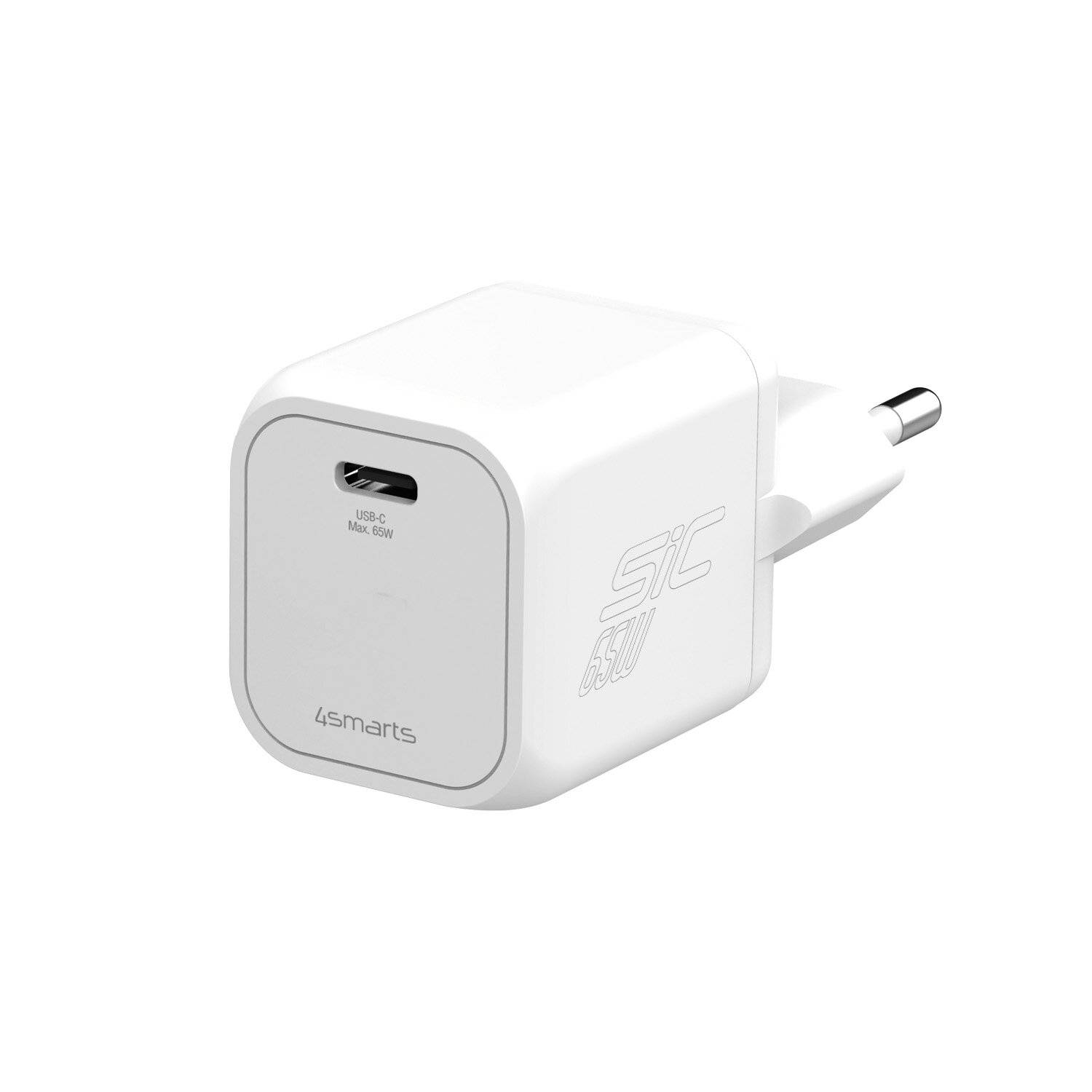 Weißes USB-C-Wandladegerät mit UK-Stecker, gekennzeichnet mit 4smarts, auf einfachem Hintergrund dargestellt.