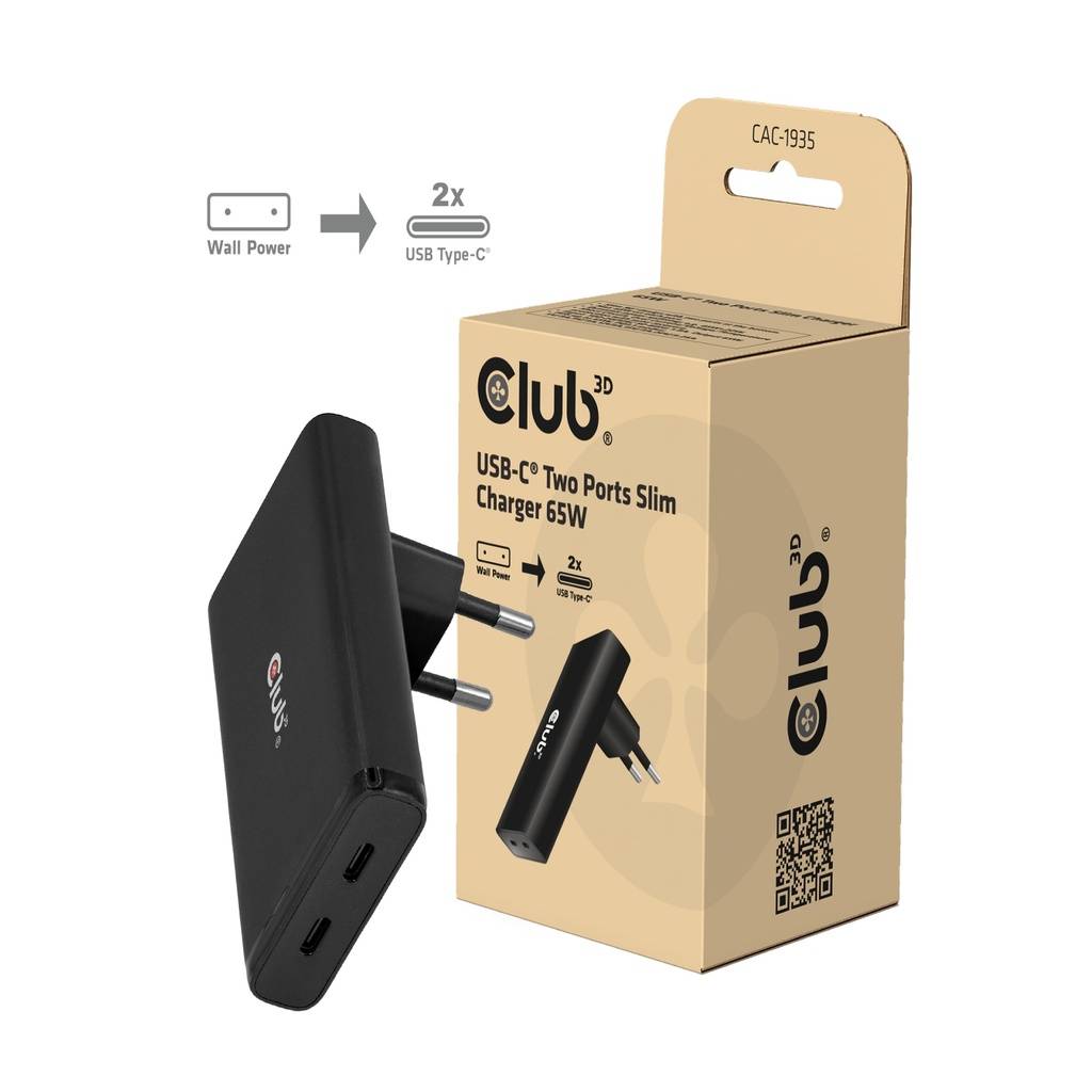 Club 3D USB-C Zwei-Port-Schlanklader mit 65W und Verpackung, zeigt Wandstromversorgung, die in 2x USB-Typ-C-Ausgang umgewandelt wird.