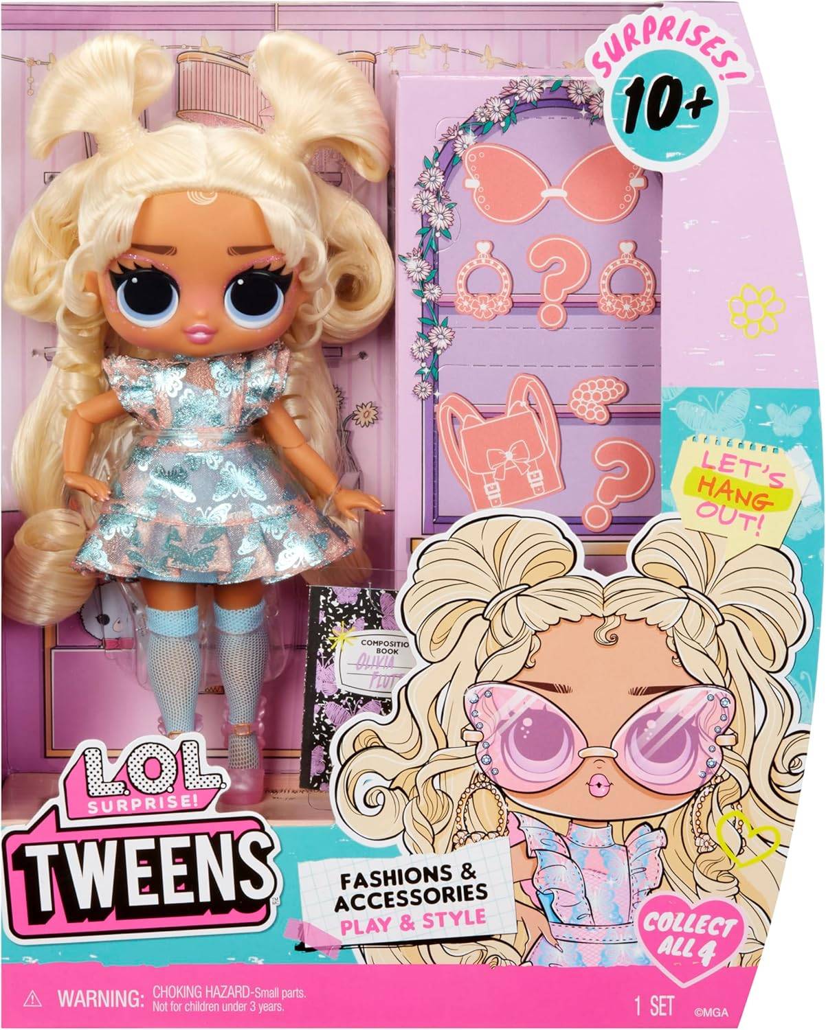 Verpackte L.O.L. Surprise Tweens Puppe mit blonden Zöpfen, rosa Sonnenbrille und Modeaccessoires; die Verpackung sagt „Überraschungen 10+