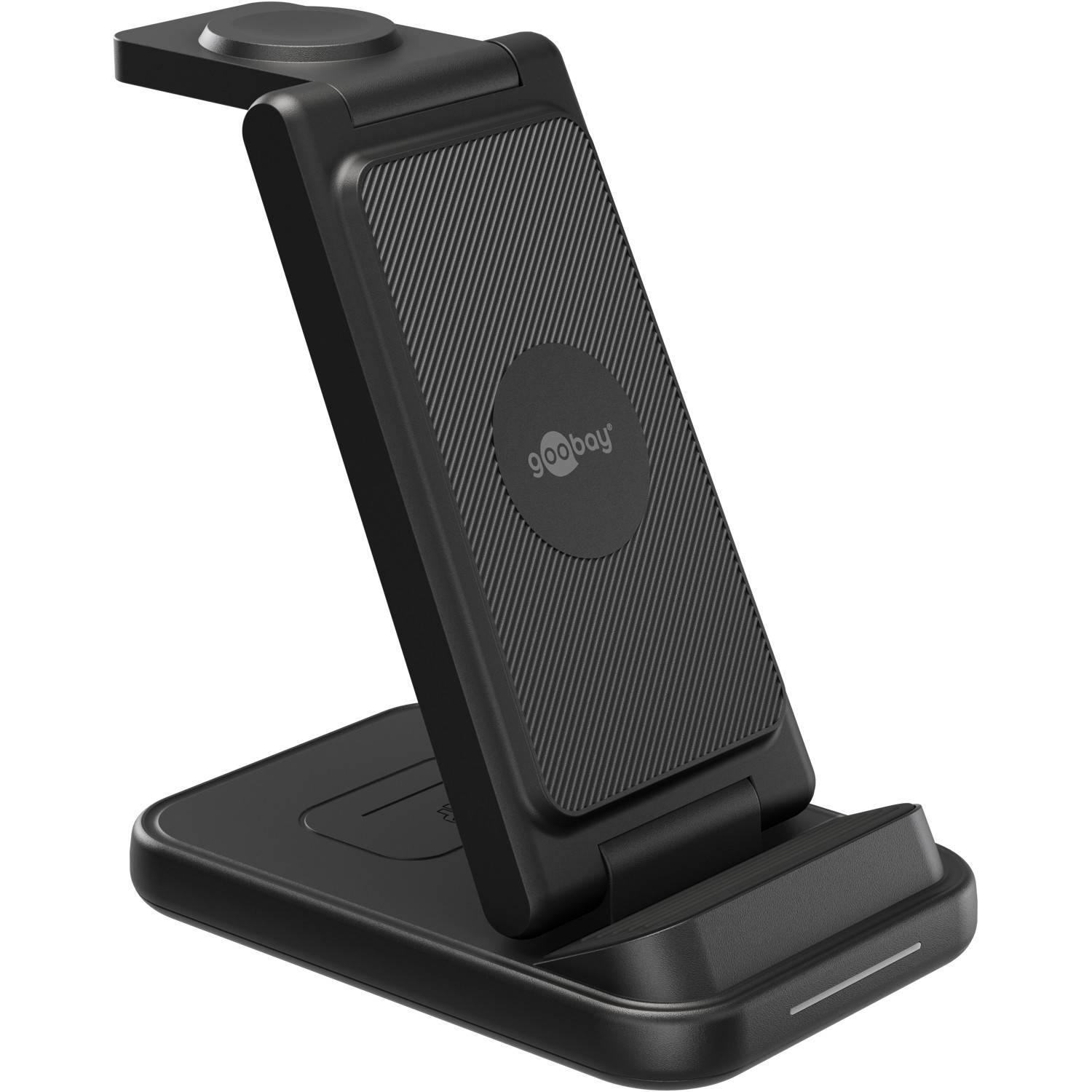 Schwarzes 2-in-1-Wireless-Ladegerät mit einem Telefon auf der aufrechten Ladeflaeche und Basis fuer kabellose Ohrhörer-Aufladung, dargestellt in Produktansicht.