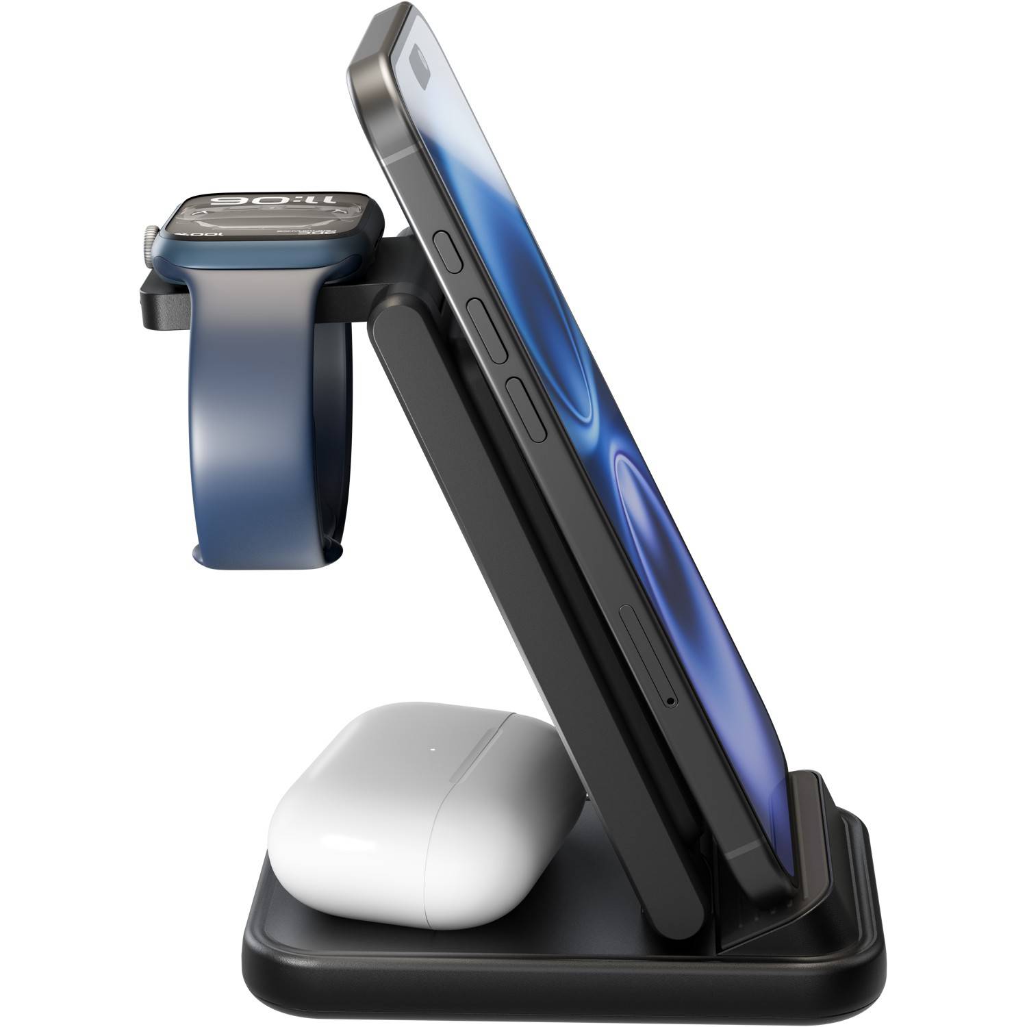 3-in-1-Ladestand, der ein Smartphone, eine Smartwatch und kabellose Ohrhörer auf einer schwarzen Dockingstation hält.